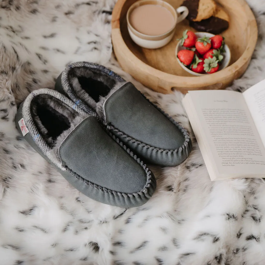 Hanks- Suede Moccasin With Harris Tweed - Grey