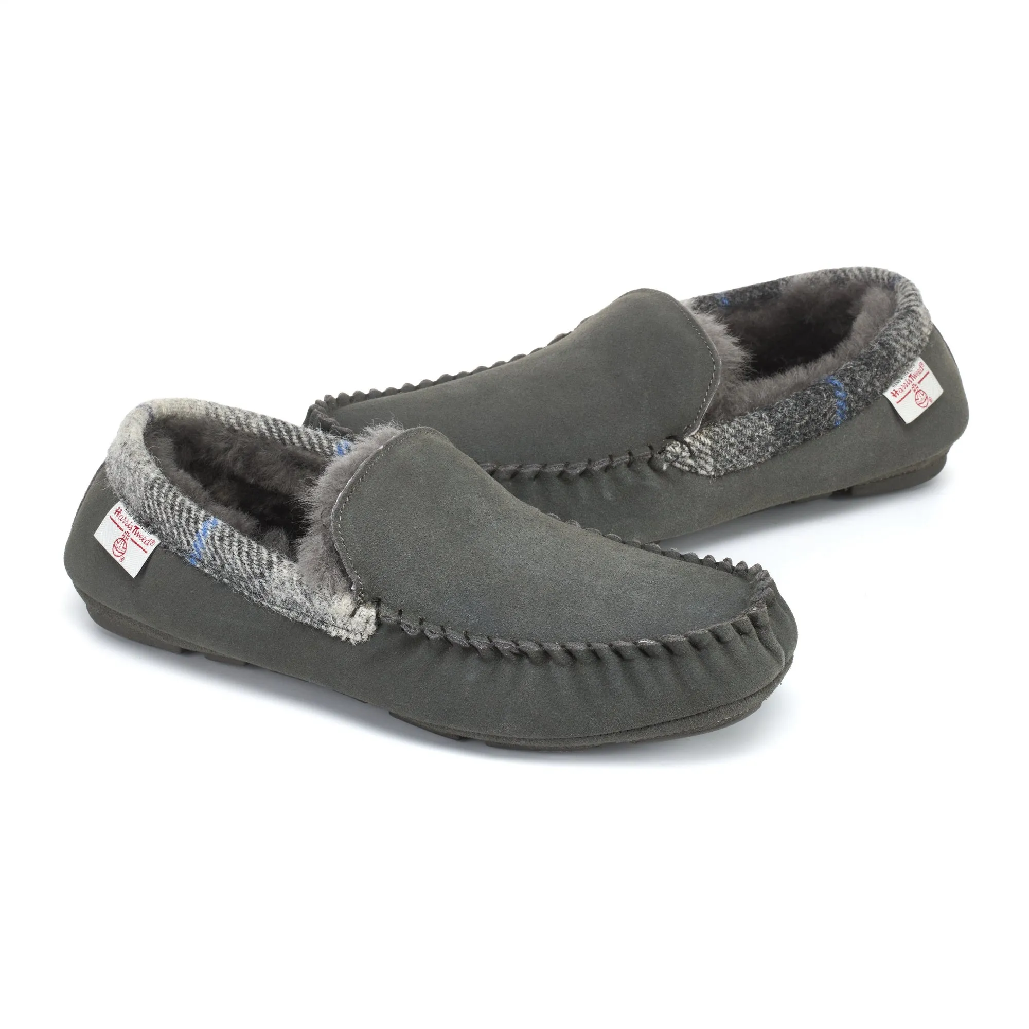 Hanks- Suede Moccasin With Harris Tweed - Grey