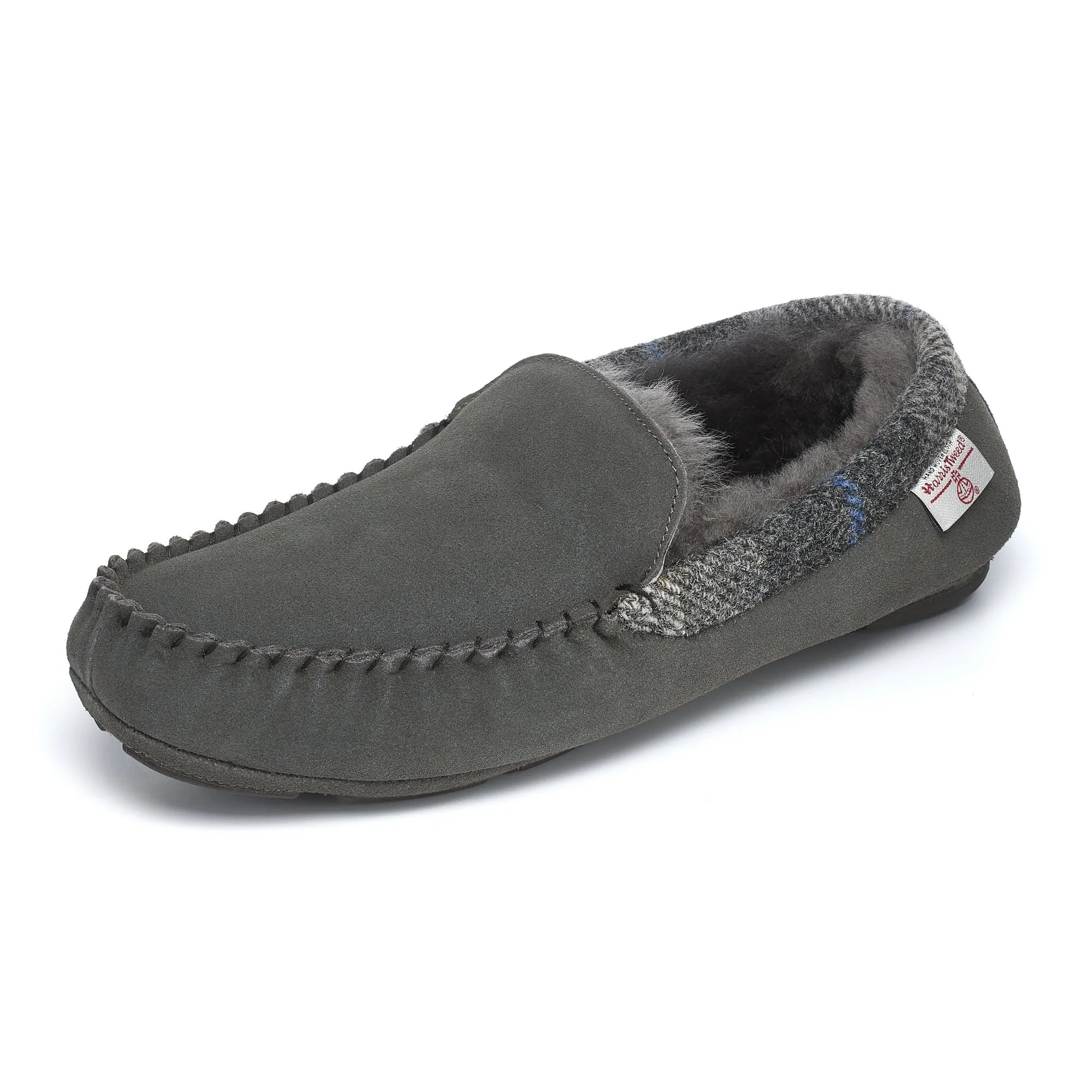 Hanks- Suede Moccasin With Harris Tweed - Grey