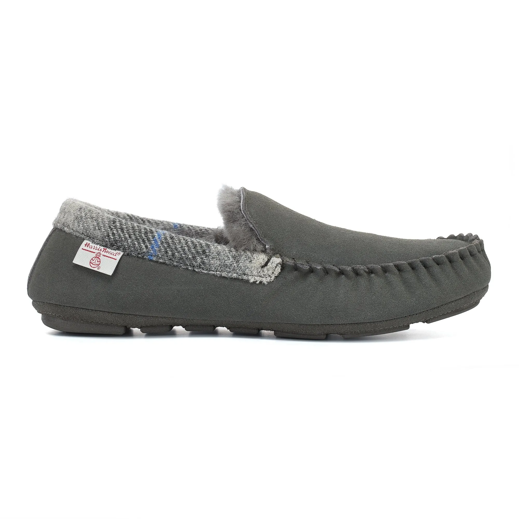 Hanks- Suede Moccasin With Harris Tweed - Grey