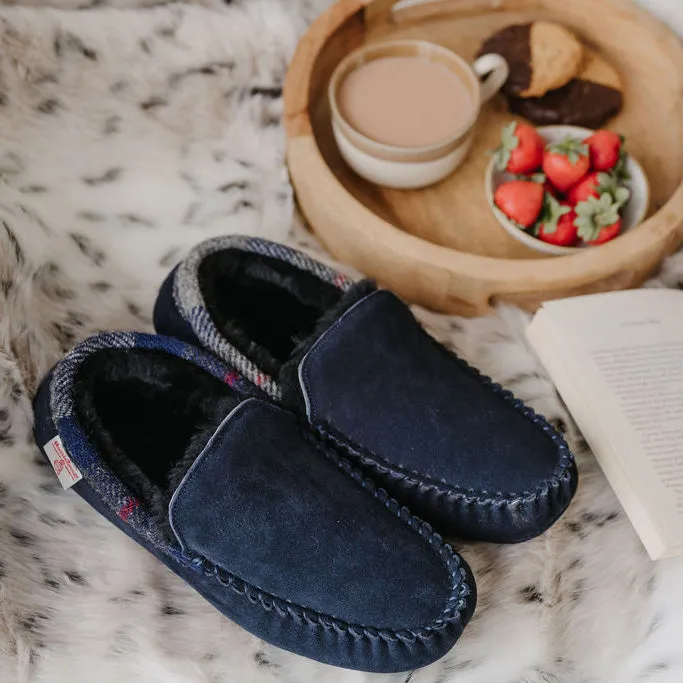 Hanks- Suede Moccasin With Harris Tweed - Navy