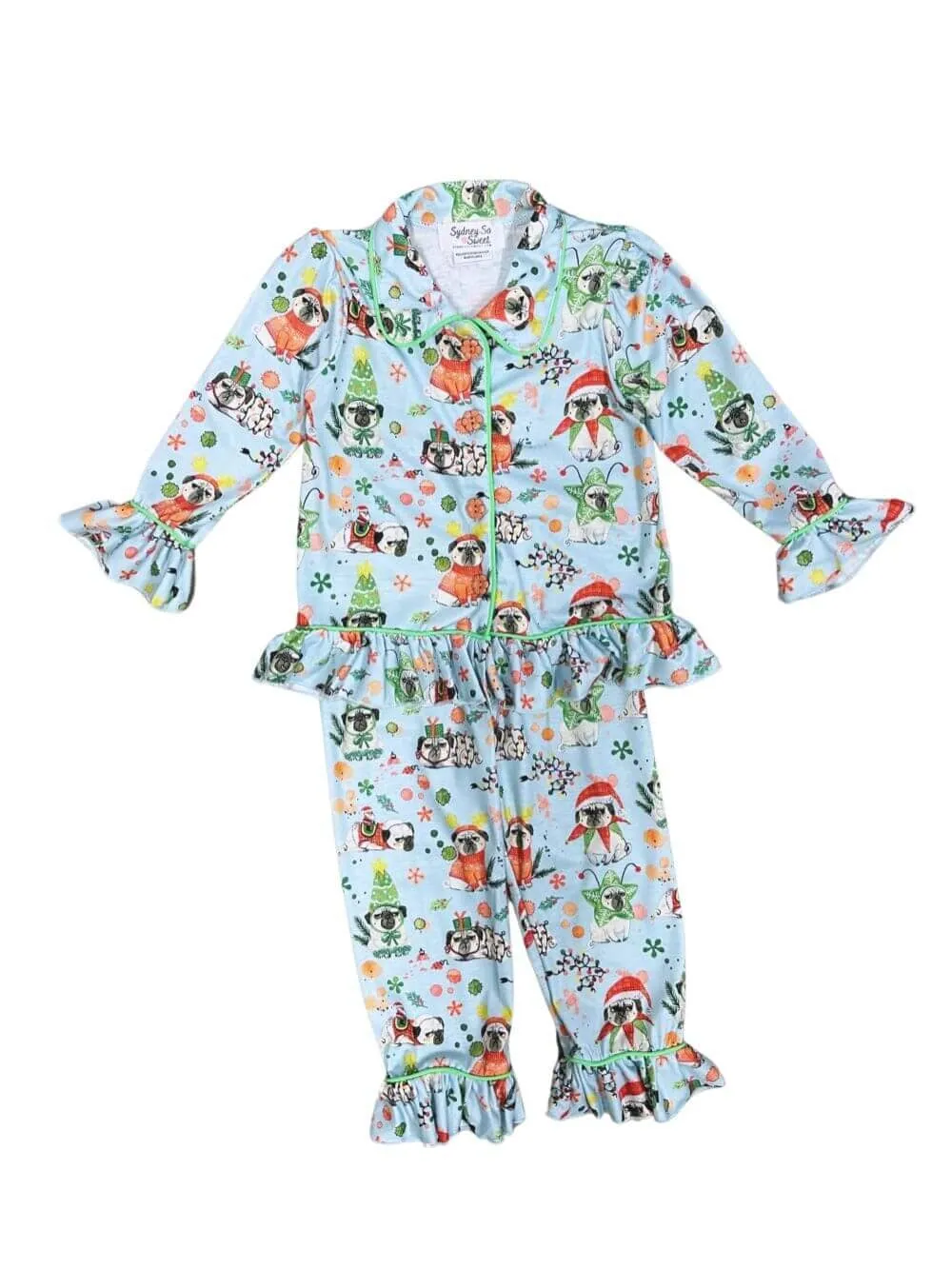 Happy Paw-lidays Christmas Pug Ruffle Button Up Girls Pajamas