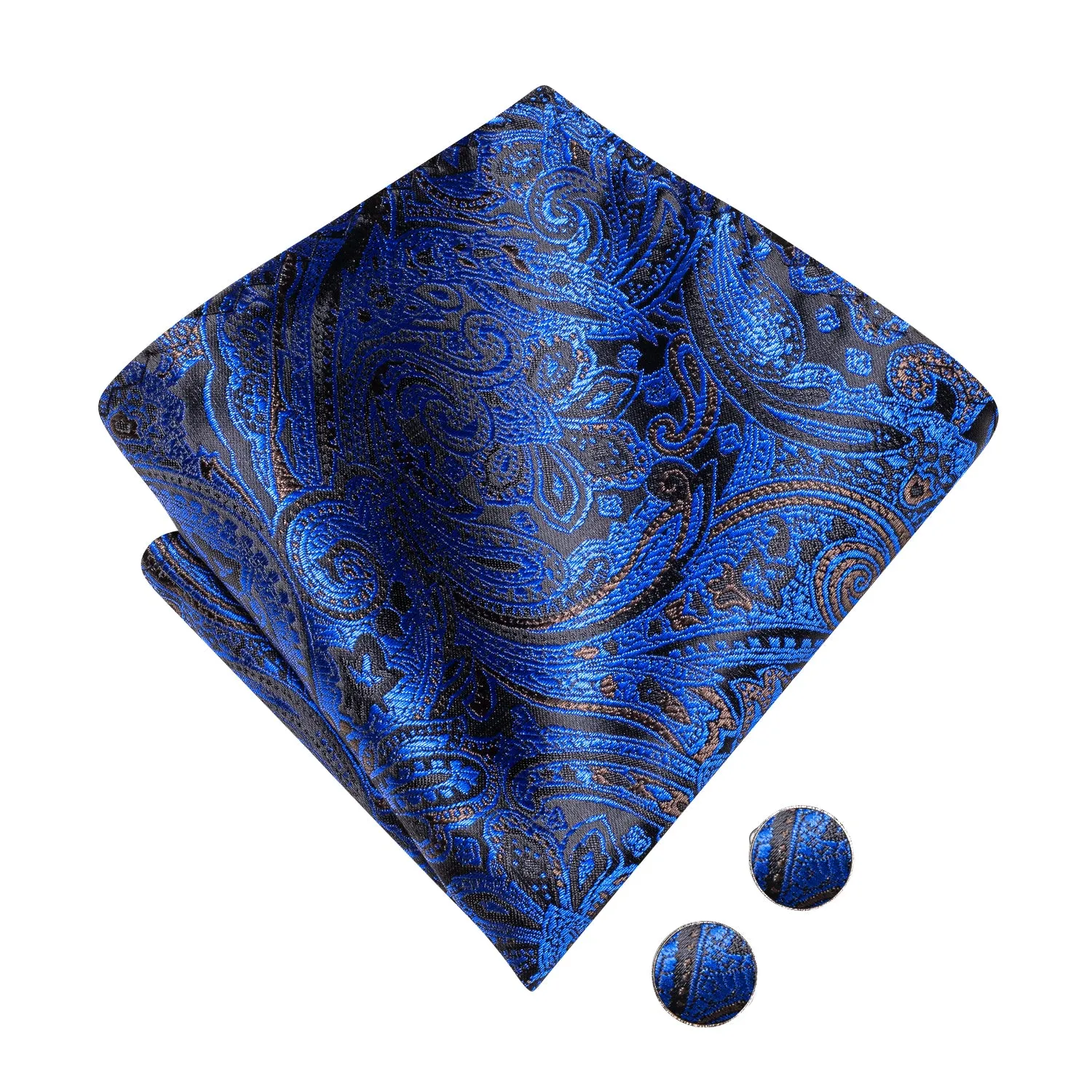 Hi-Tie Black Blue Paisley Pre-tied Bow Tie Hanky Cufflinks Set