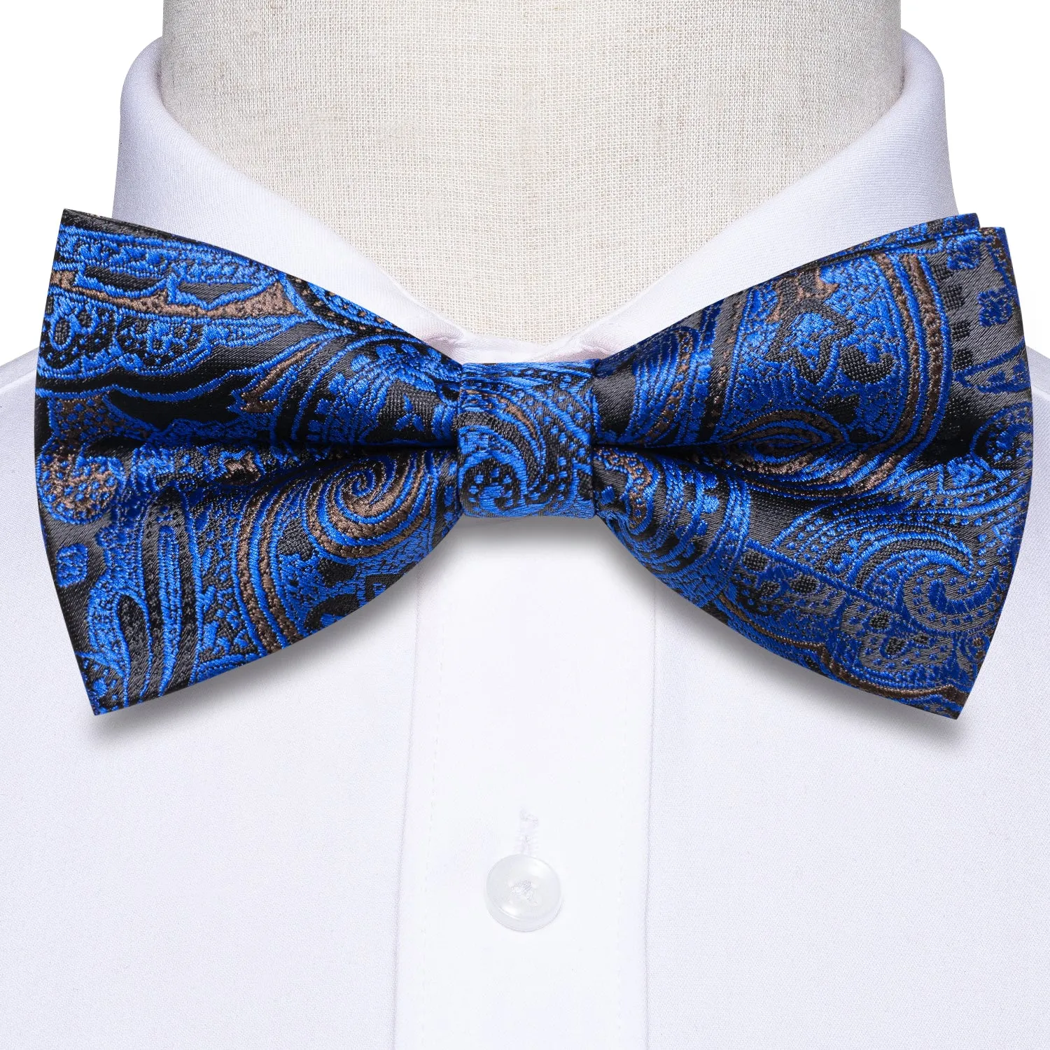 Hi-Tie Black Blue Paisley Pre-tied Bow Tie Hanky Cufflinks Set