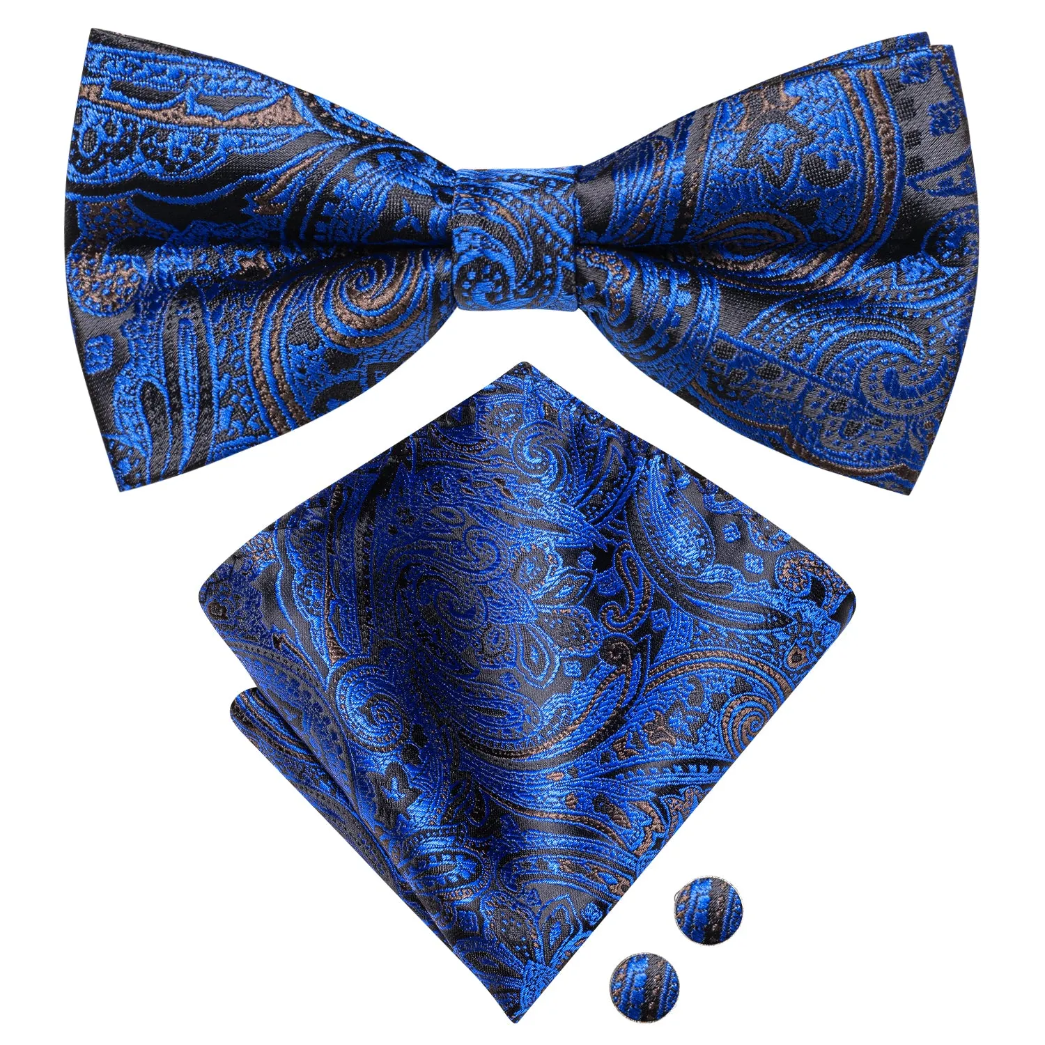 Hi-Tie Black Blue Paisley Pre-tied Bow Tie Hanky Cufflinks Set