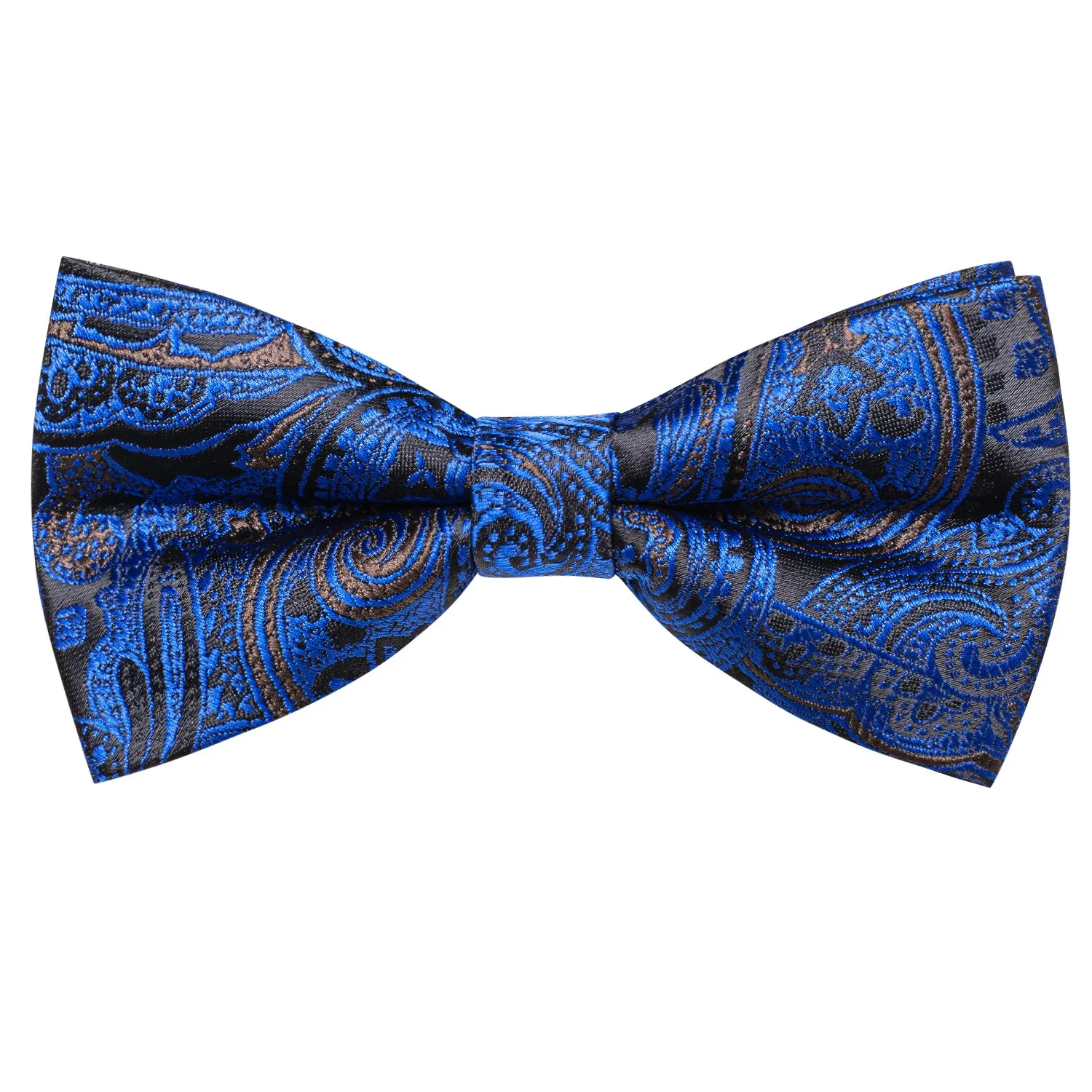 Hi-Tie Black Blue Paisley Pre-tied Bow Tie Hanky Cufflinks Set