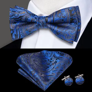 Hi-Tie Black Blue Paisley Pre-tied Bow Tie Hanky Cufflinks Set