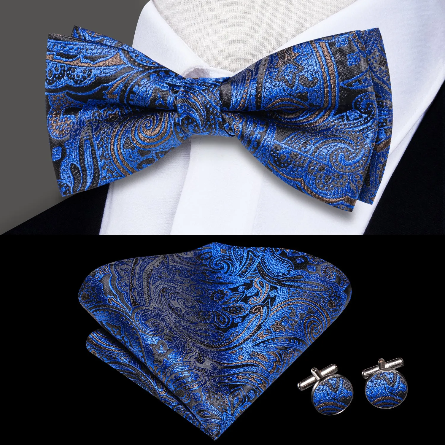 Hi-Tie Black Blue Paisley Pre-tied Bow Tie Hanky Cufflinks Set