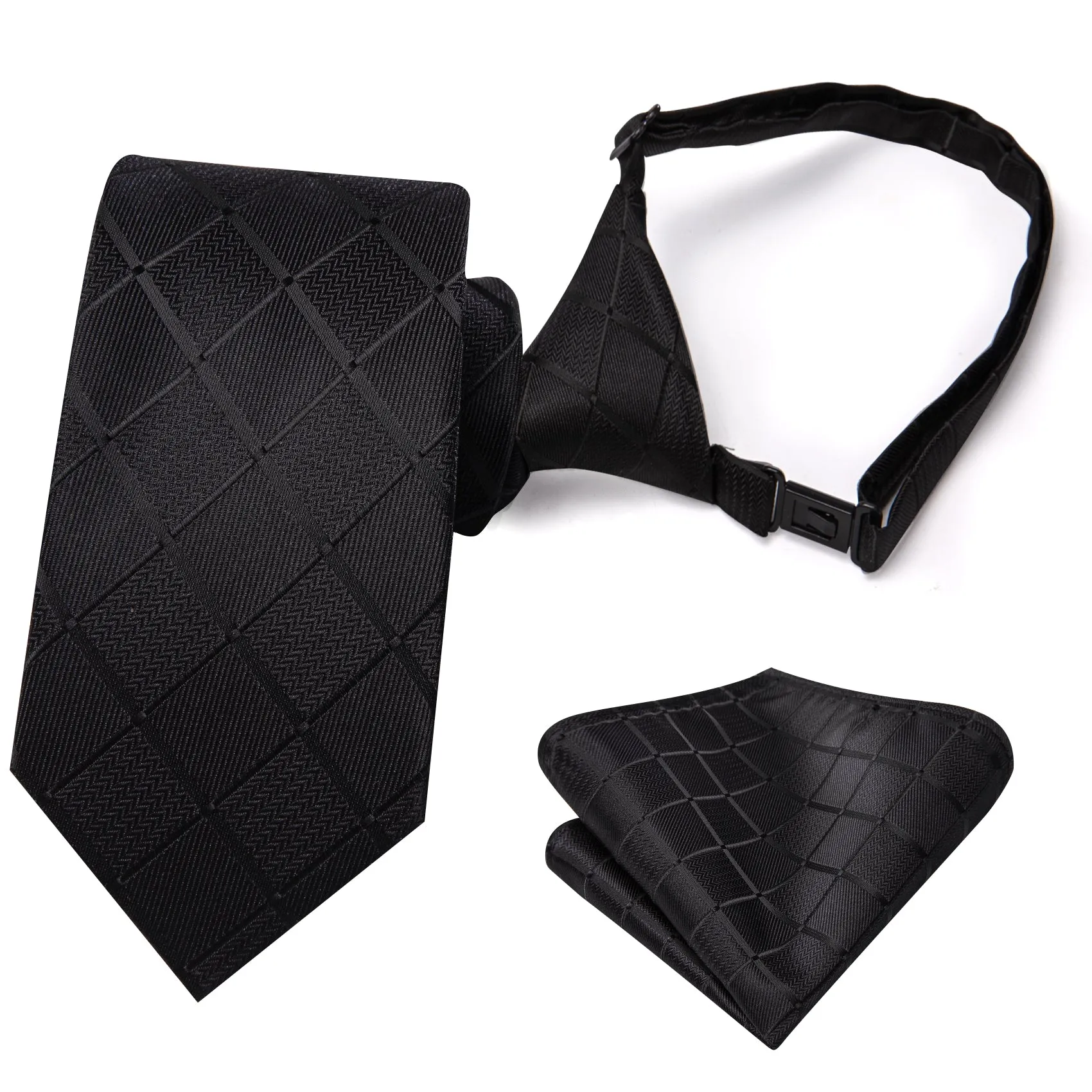 Hi-Tie Black Boys Formal Plaid Pre-tied Adjustable Tie Pocket Square