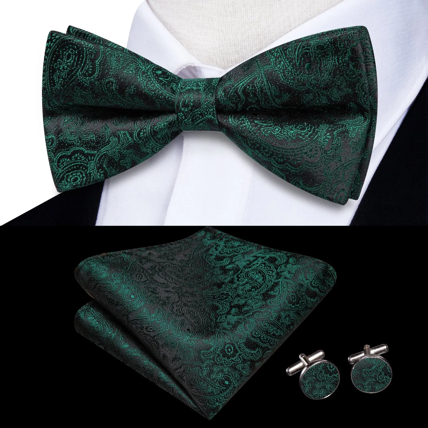 Hi-Tie Black Green Paisley Pre-tied Bow Tie Hanky Cufflinks Set