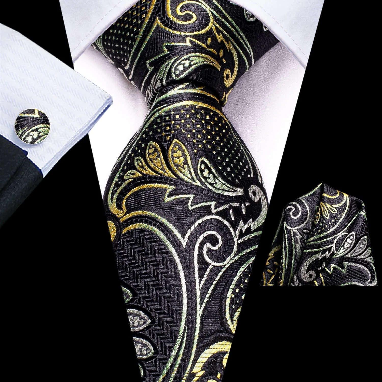 Hi-Tie Black Grey Yellow Paisley Necktie Pocket Square Cufflinks Set