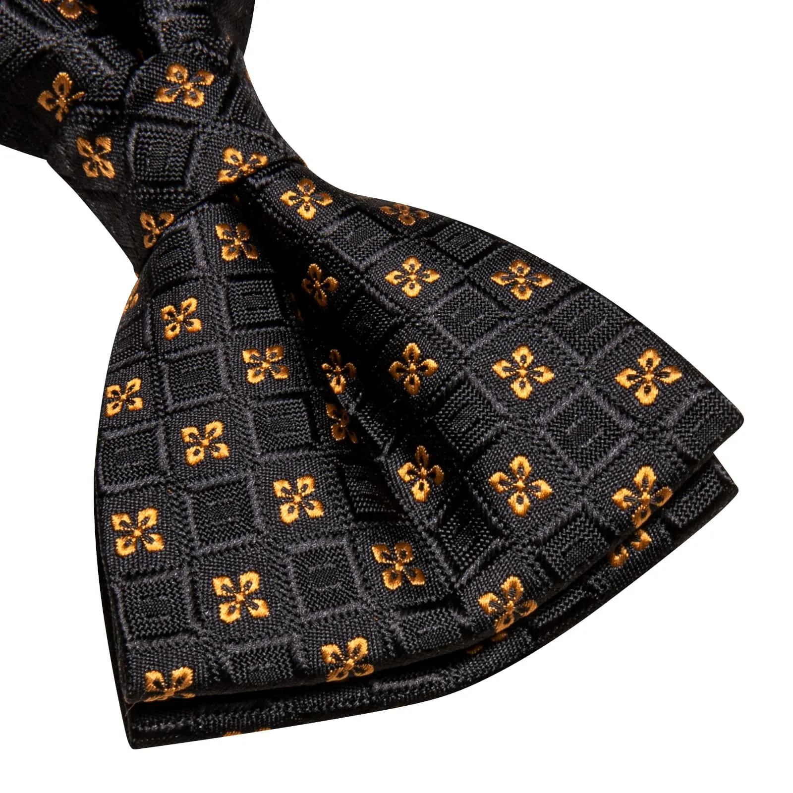 Hi-Tie Black Plaid Gold Jacquard Floral Bow Tie Hanky Cufflinks Set