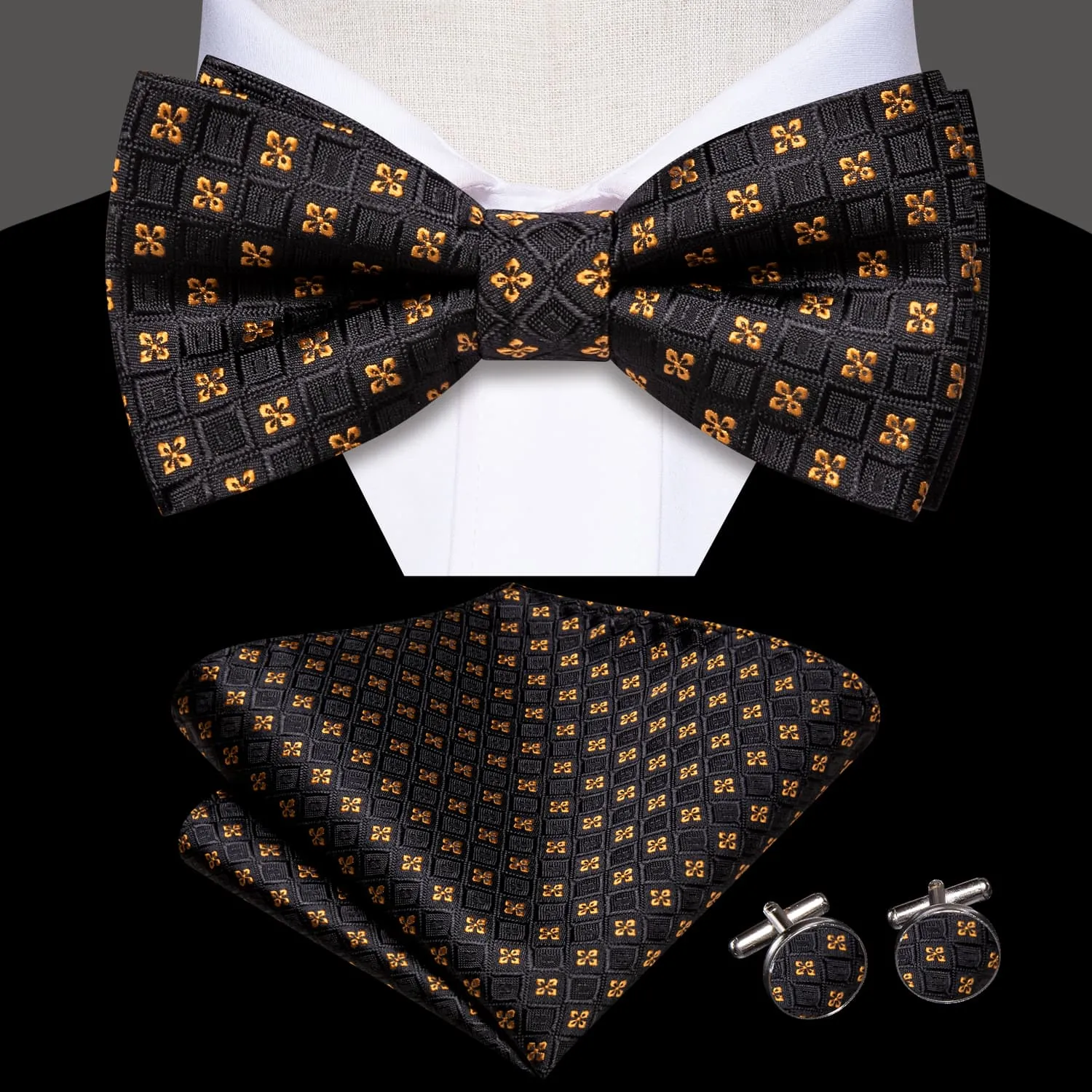 Hi-Tie Black Plaid Gold Jacquard Floral Bow Tie Hanky Cufflinks Set