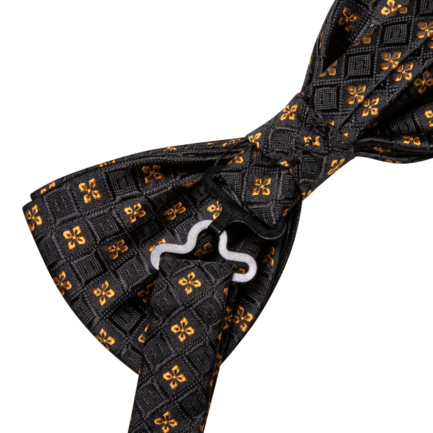 Hi-Tie Black Plaid Gold Jacquard Floral Bow Tie Hanky Cufflinks Set