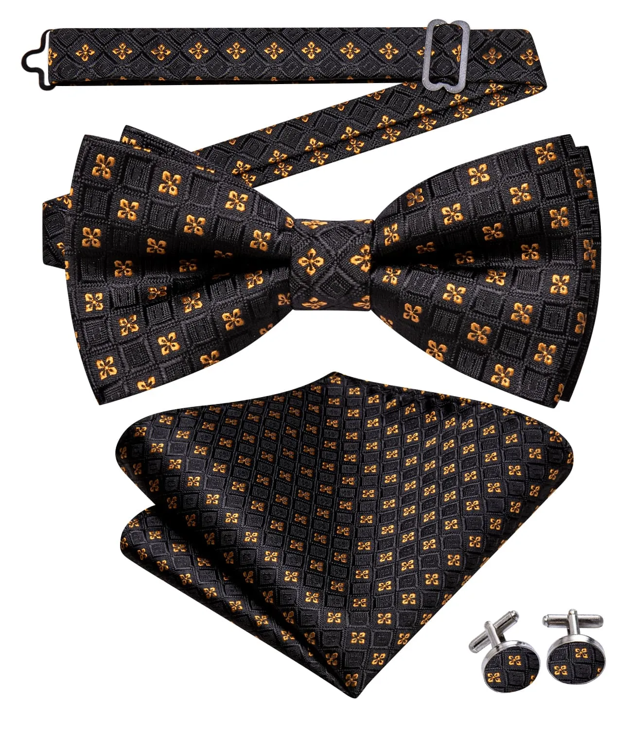 Hi-Tie Black Plaid Gold Jacquard Floral Bow Tie Hanky Cufflinks Set