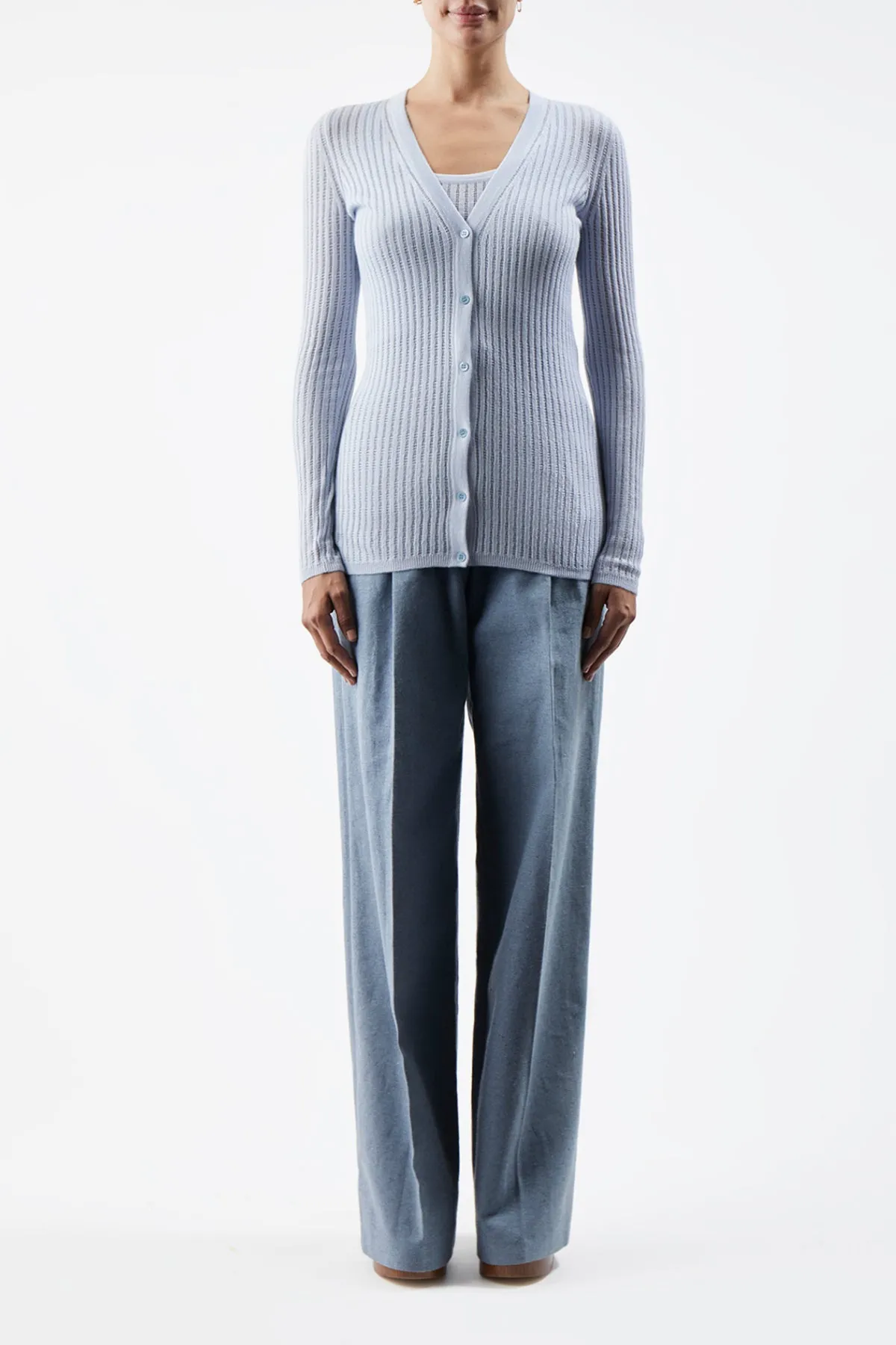 Homer Pointelle Knit Cardigan in Halogen Blue Cashmere Silk