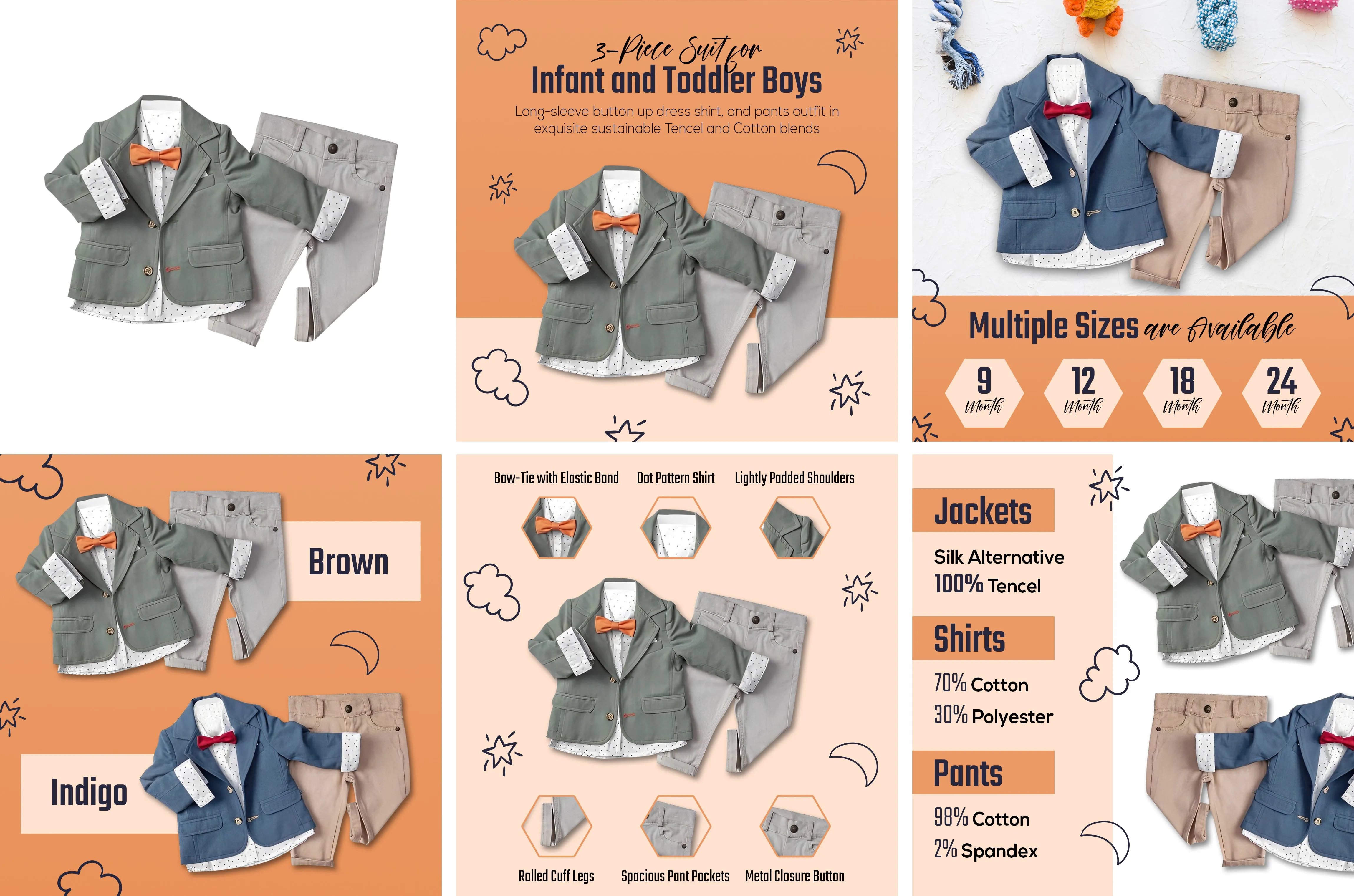 Infant and Toddler Boy's 3-Piece Suit with Fully LIned Jacket, Pants and Button Up Shirt