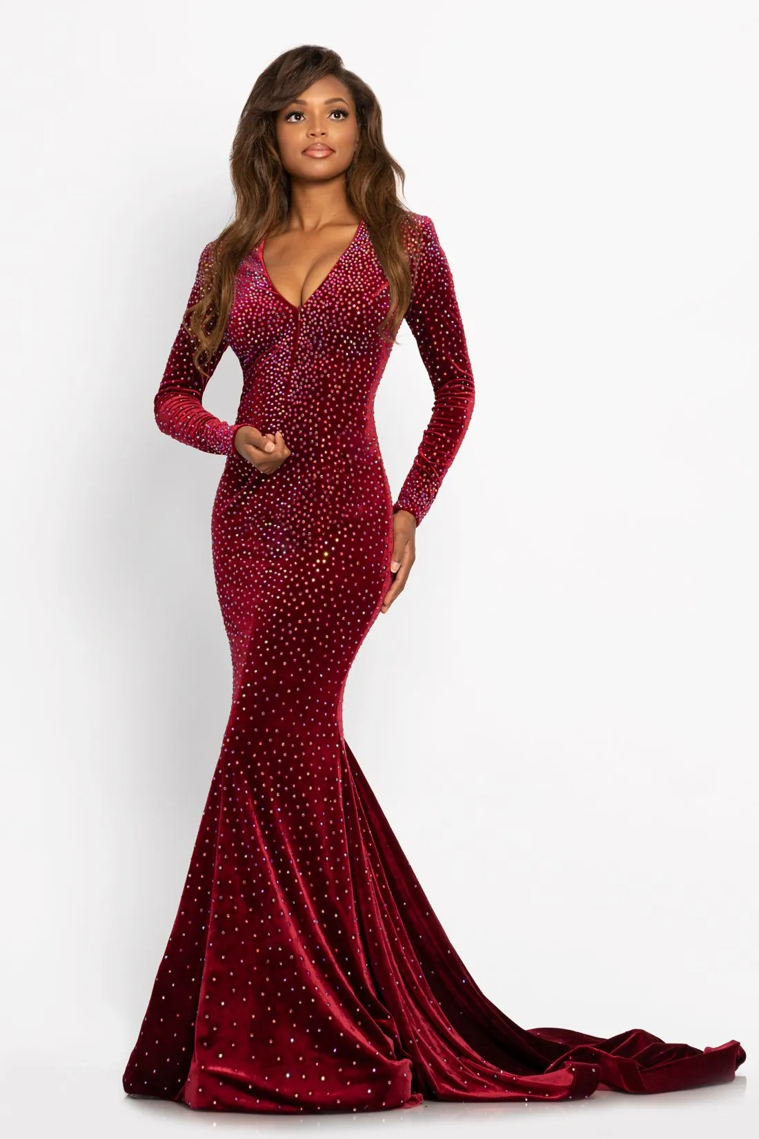 Johnathan Kayne 2045 Crystal Velvet Evening Gown Long Sleeve Prom Dress Pageant Gown with Train