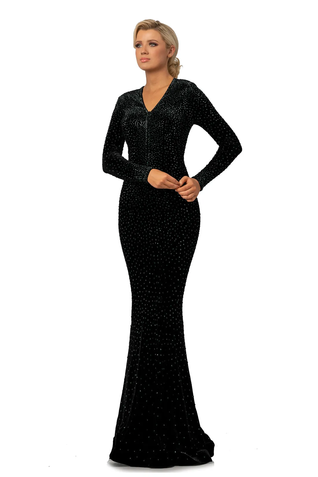 Johnathan Kayne 2045 Crystal Velvet Evening Gown Long Sleeve Prom Dress Pageant Gown with Train