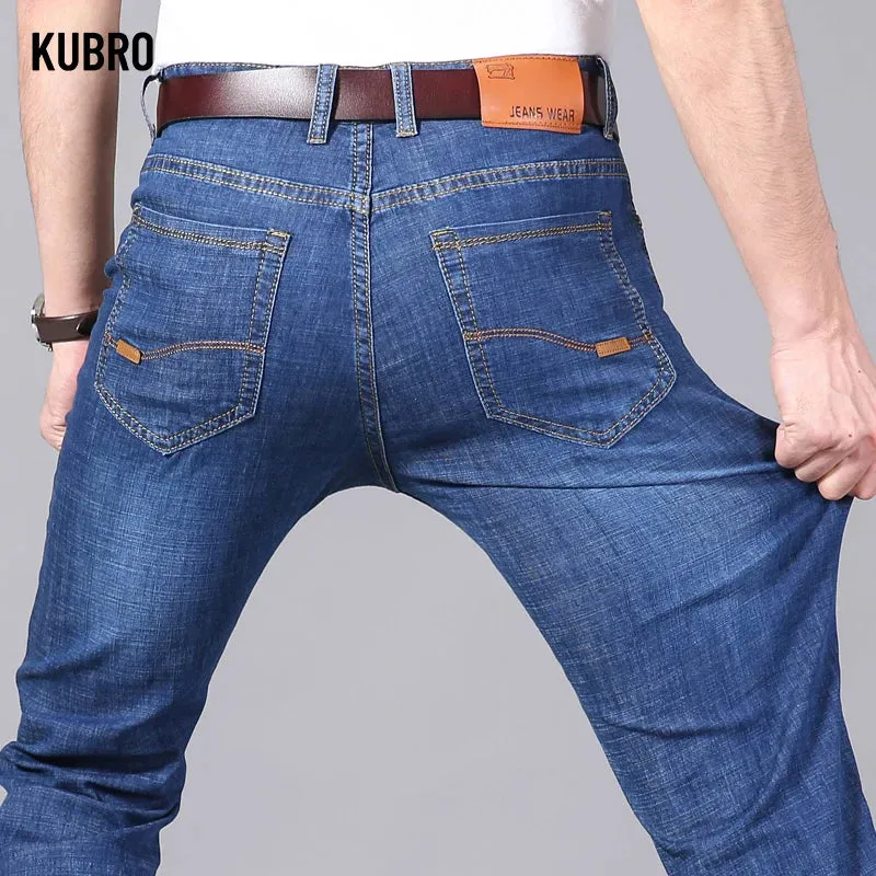 KUBRO Blue Denim Business Jeans for Men - Wide Leg Summer/Spring Thin Pants with High Elasticity for Work or Casual Wear - Ideal as a Gift for Men or Yourself