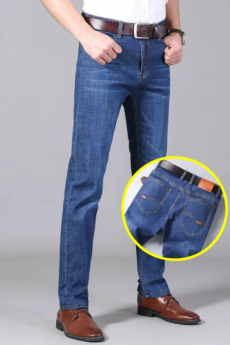 KUBRO Blue Denim Business Jeans for Men - Wide Leg Summer/Spring Thin Pants with High Elasticity for Work or Casual Wear - Ideal as a Gift for Men or Yourself