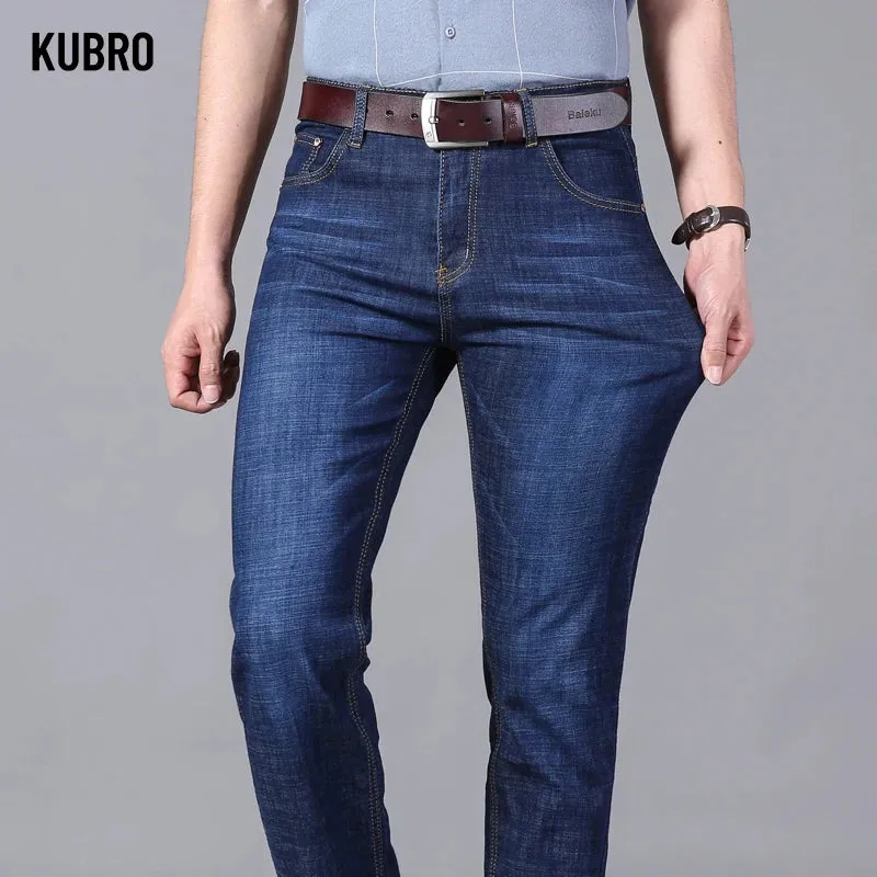 KUBRO Blue Denim Business Jeans for Men - Wide Leg Summer/Spring Thin Pants with High Elasticity for Work or Casual Wear - Ideal as a Gift for Men or Yourself