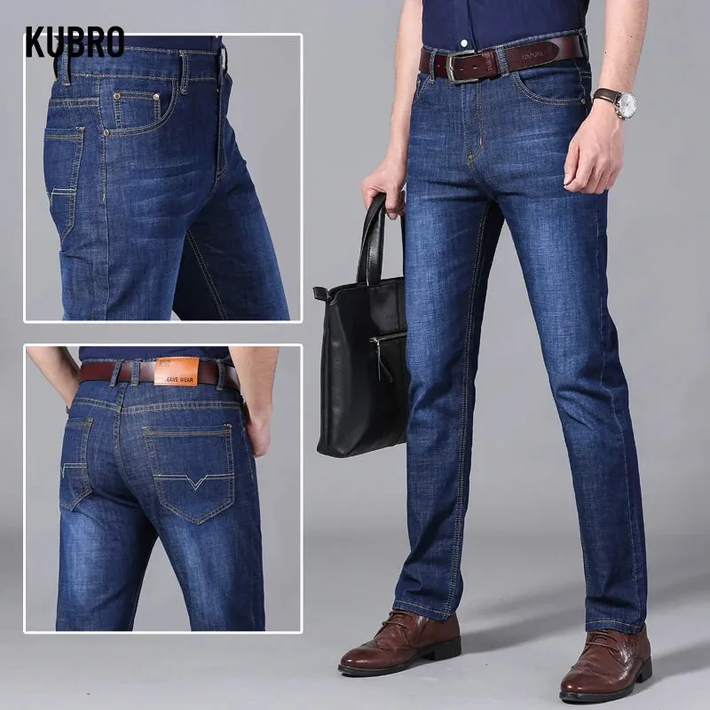 KUBRO Blue Denim Business Jeans for Men - Wide Leg Summer/Spring Thin Pants with High Elasticity for Work or Casual Wear - Ideal as a Gift for Men or Yourself