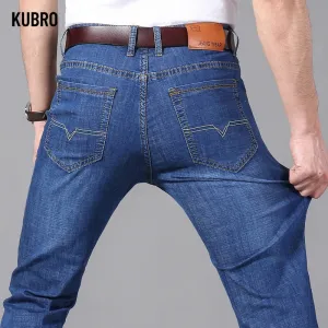 KUBRO Blue Denim Business Jeans for Men - Wide Leg Summer/Spring Thin Pants with High Elasticity for Work or Casual Wear - Ideal as a Gift for Men or Yourself