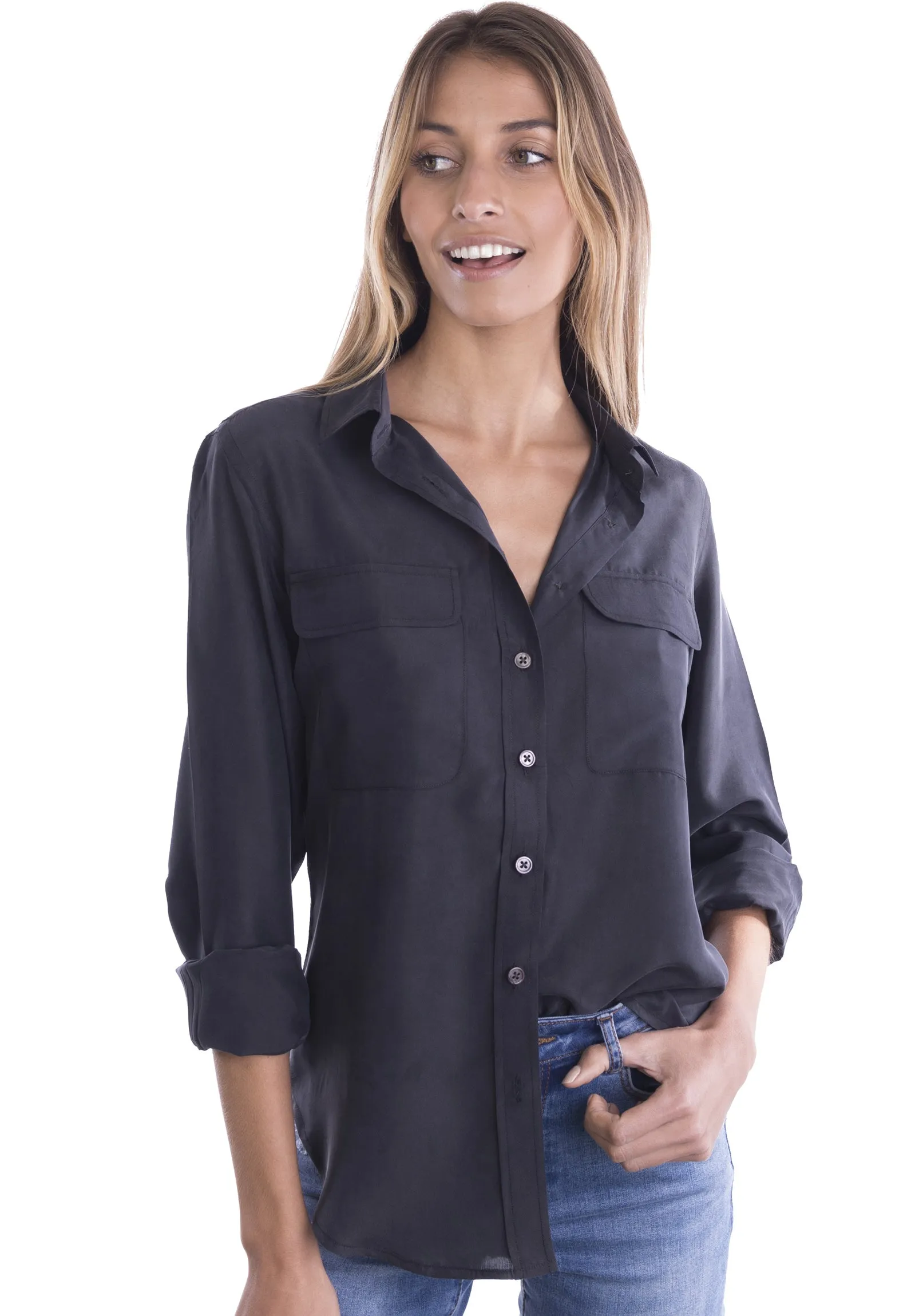 Lete-Silk Black Classic Sand Washed Silk Shirt