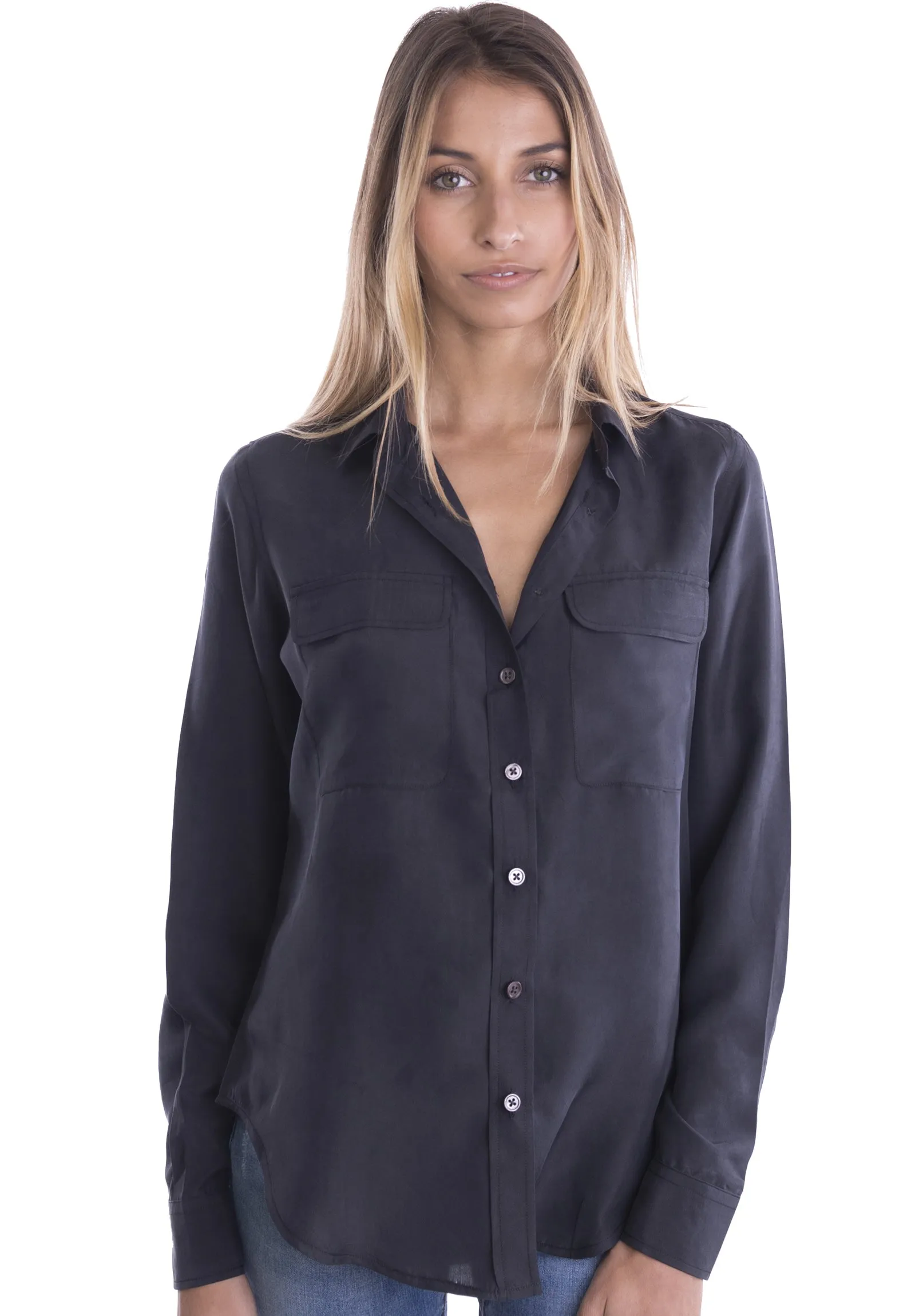 Lete-Silk Black Classic Sand Washed Silk Shirt