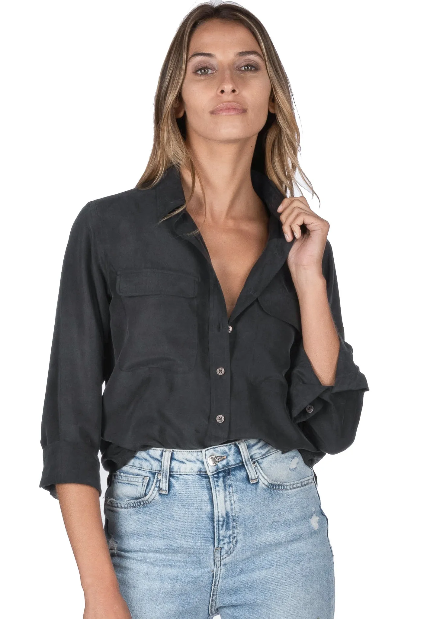 Lete-Silk Black Classic Sand Washed Silk Shirt