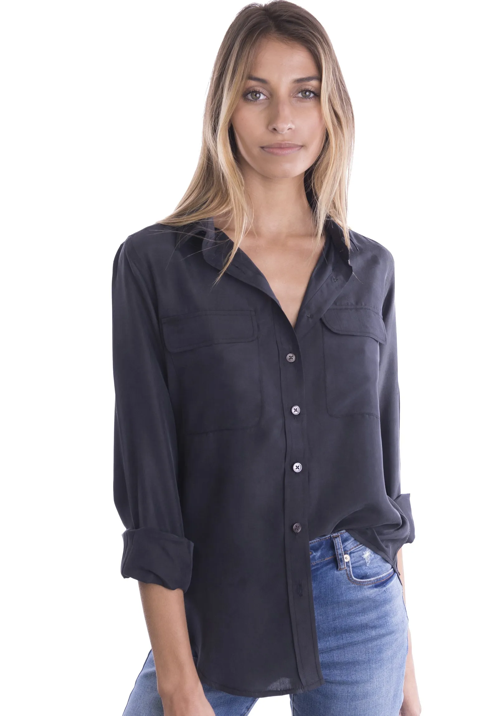 Lete-Silk Black Classic Sand Washed Silk Shirt