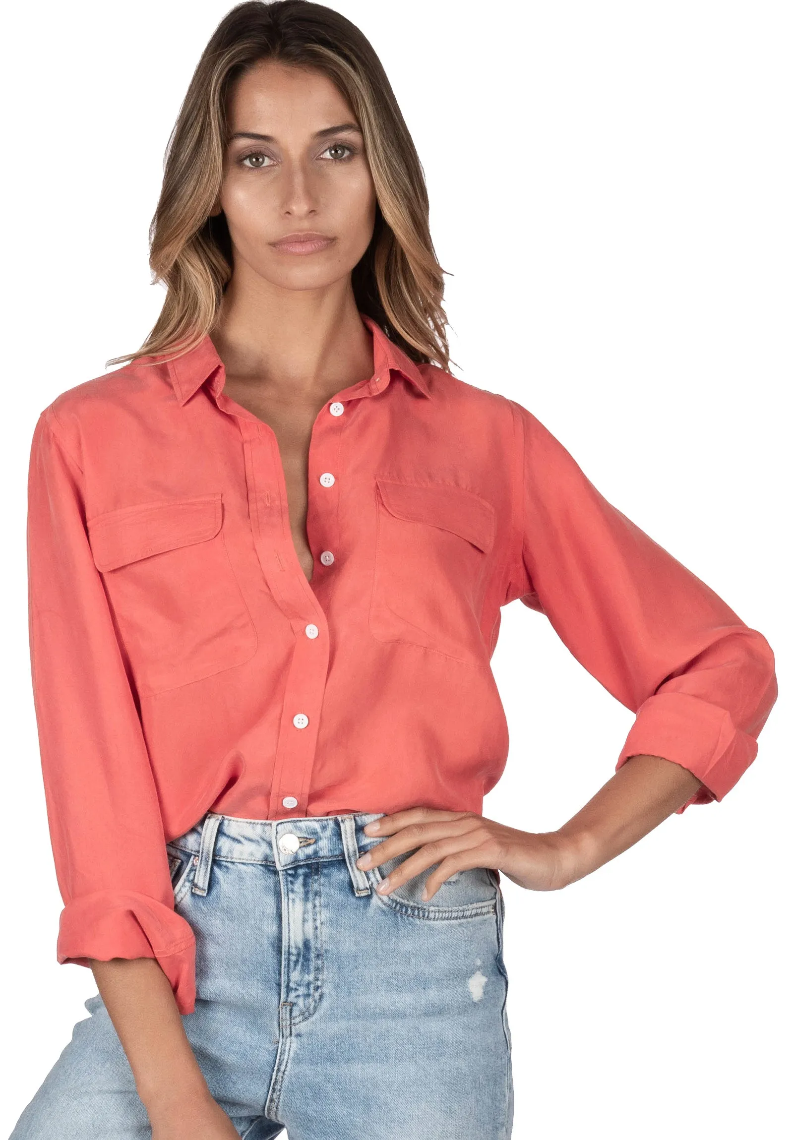 Lete-Silk Coral Classic Sand Washed Silk Shirt