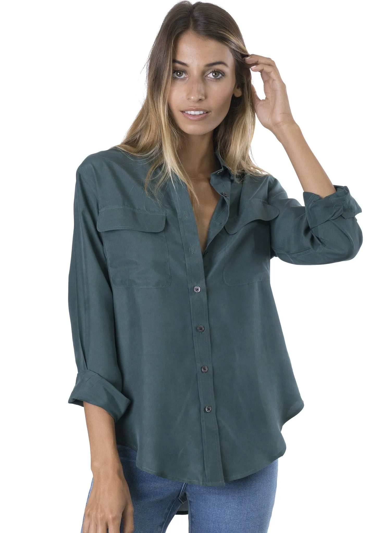 Lete-Silk Petrol Classic Sand washed SIlk shirt with pockets