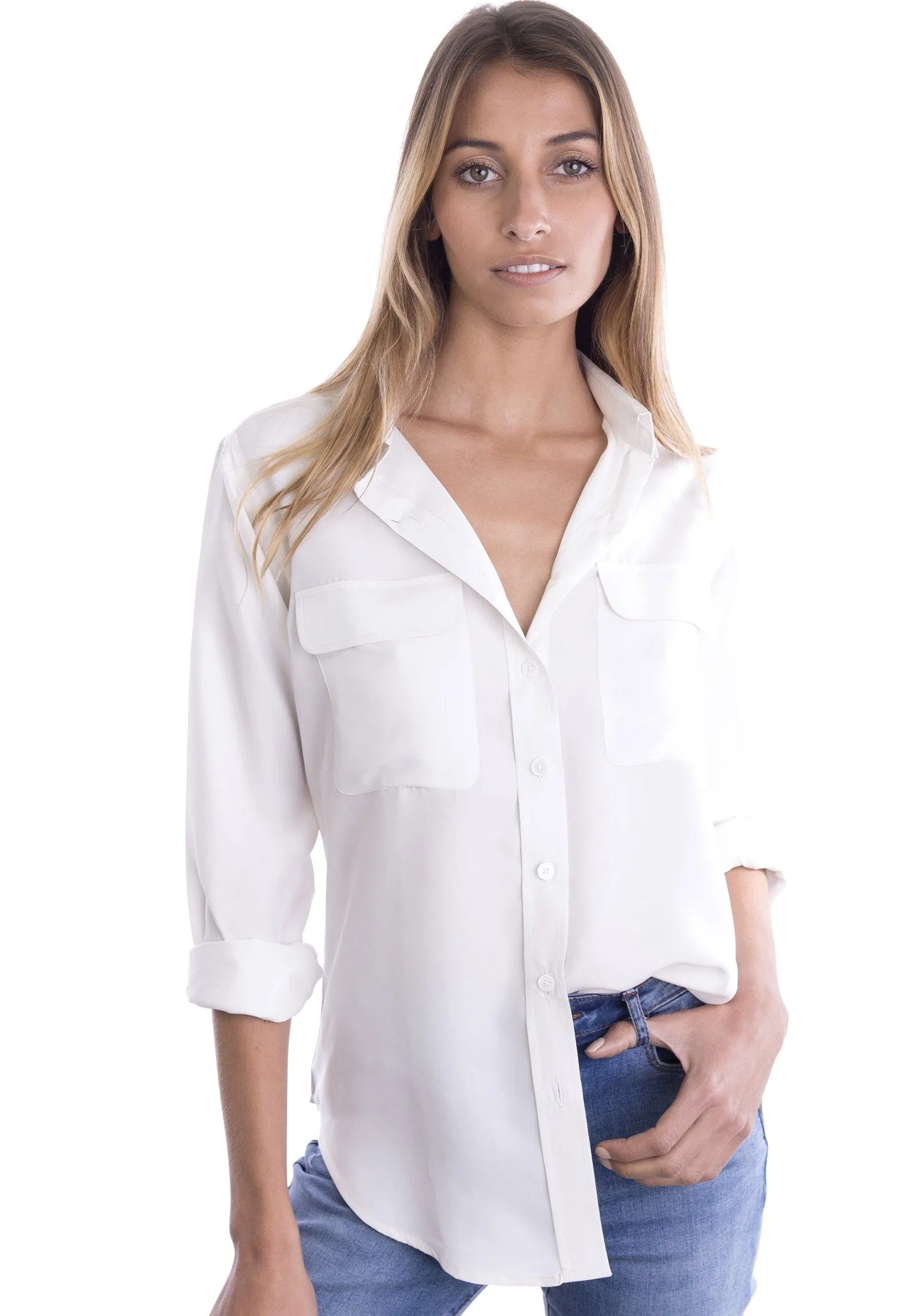 Lete-Silk White Classic Sand Washed Silk Shirt with pockets