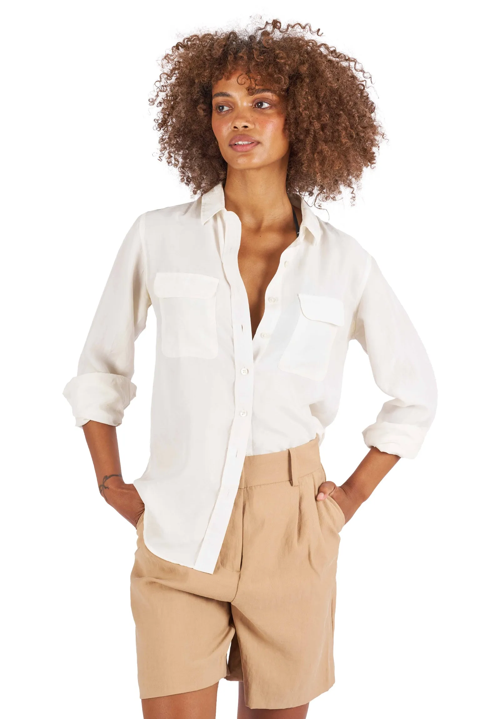 Lete-Silk White Classic Sand Washed Silk Shirt with pockets