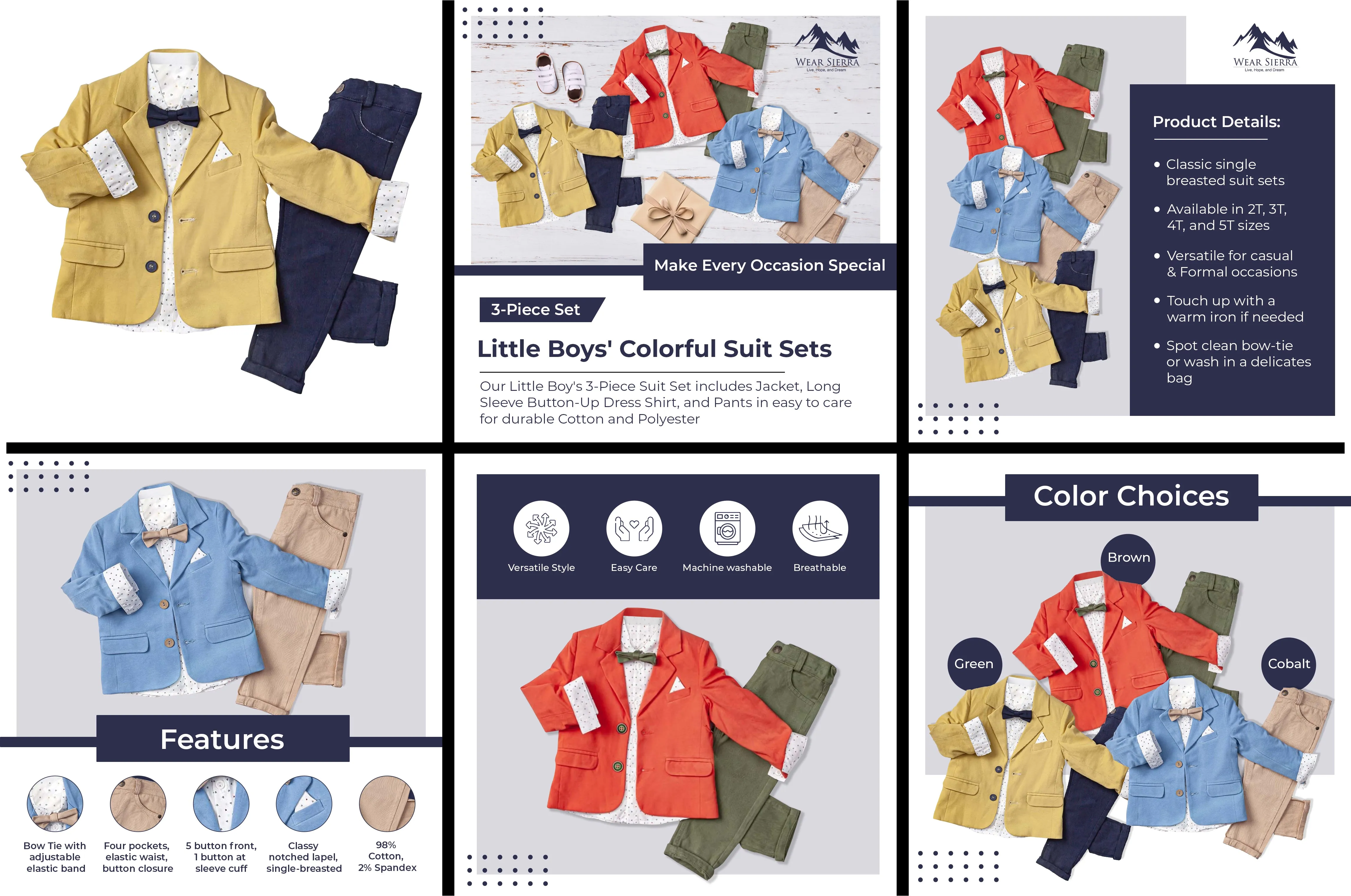 Little Boy's Colorful Suit Jacket, Pants and Button-Up Shirt 3-Piece Set