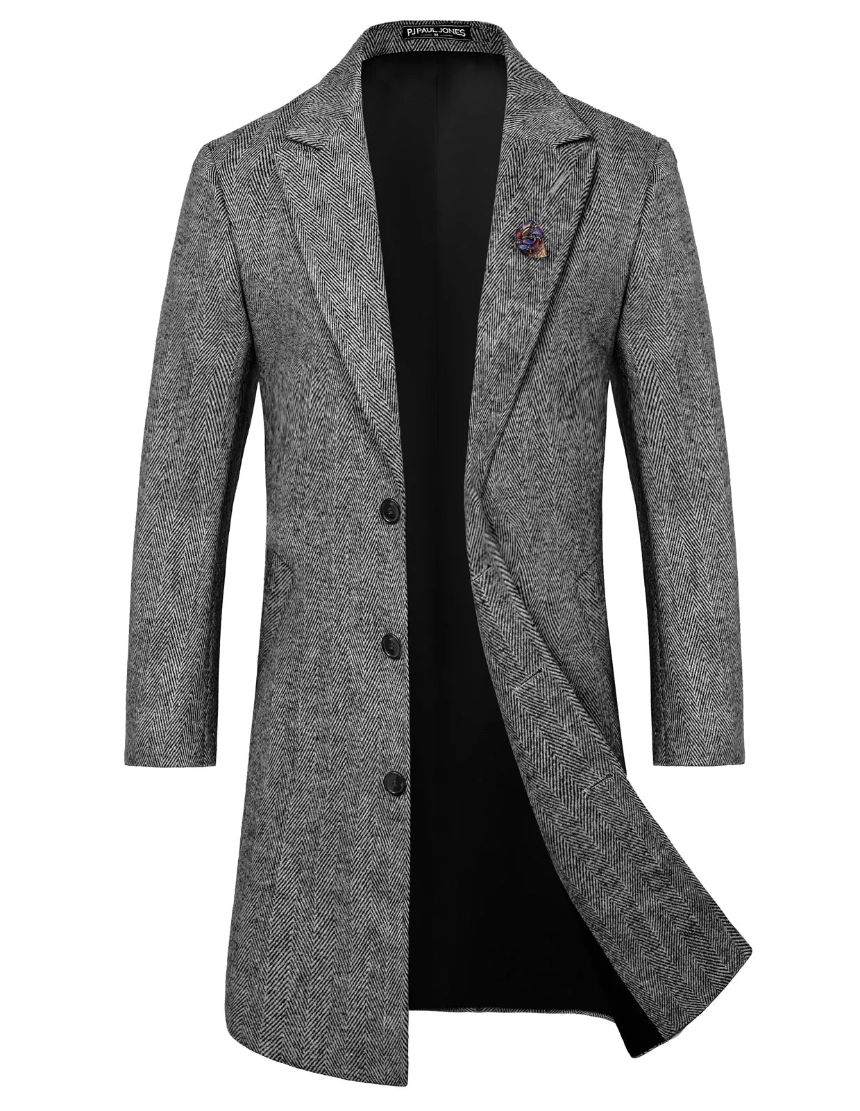 Men Herring Bone Pattern Overcoat Peak Lapel Back Slit Knee Length Coat