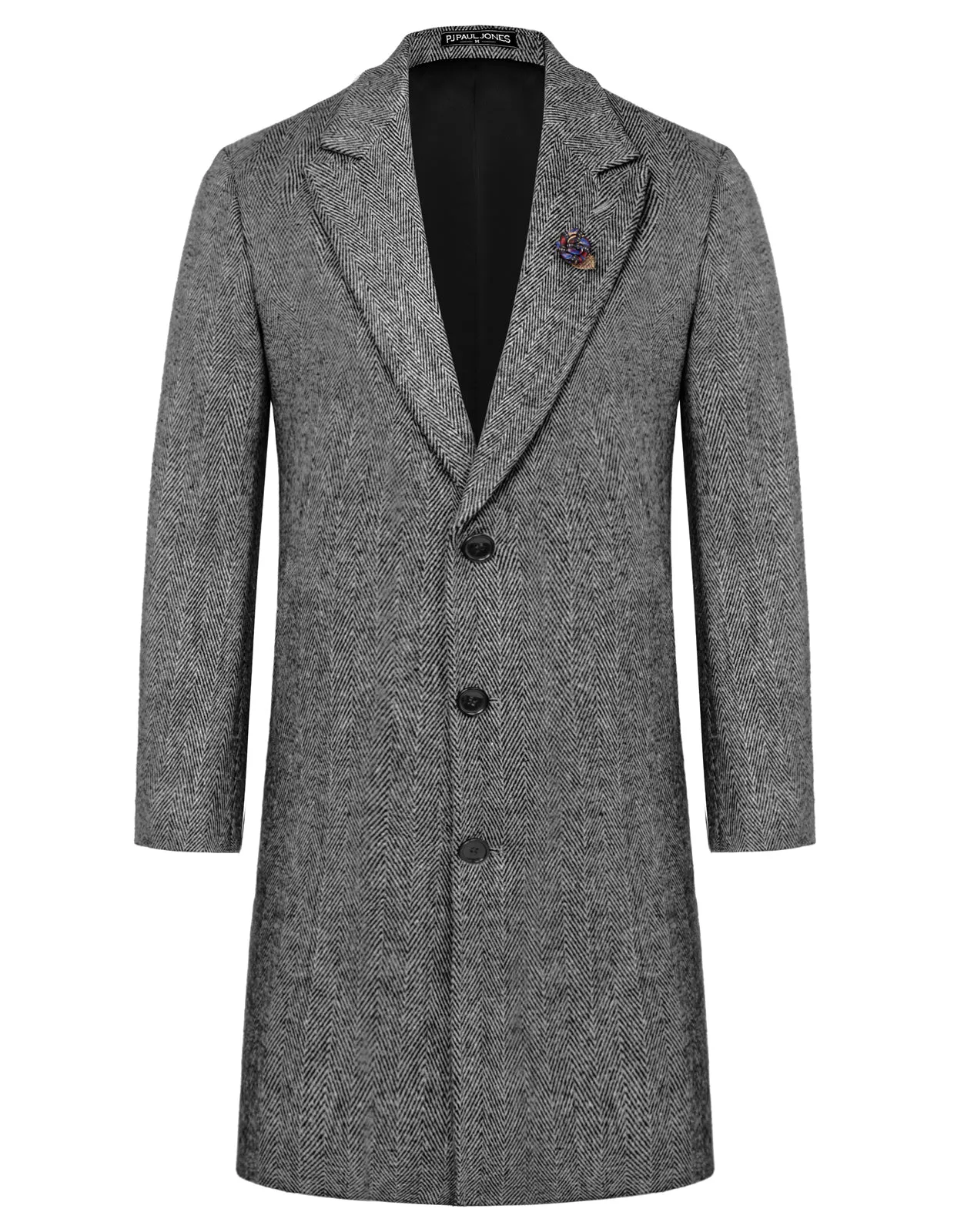 Men Herring Bone Pattern Overcoat Peak Lapel Back Slit Knee Length Coat