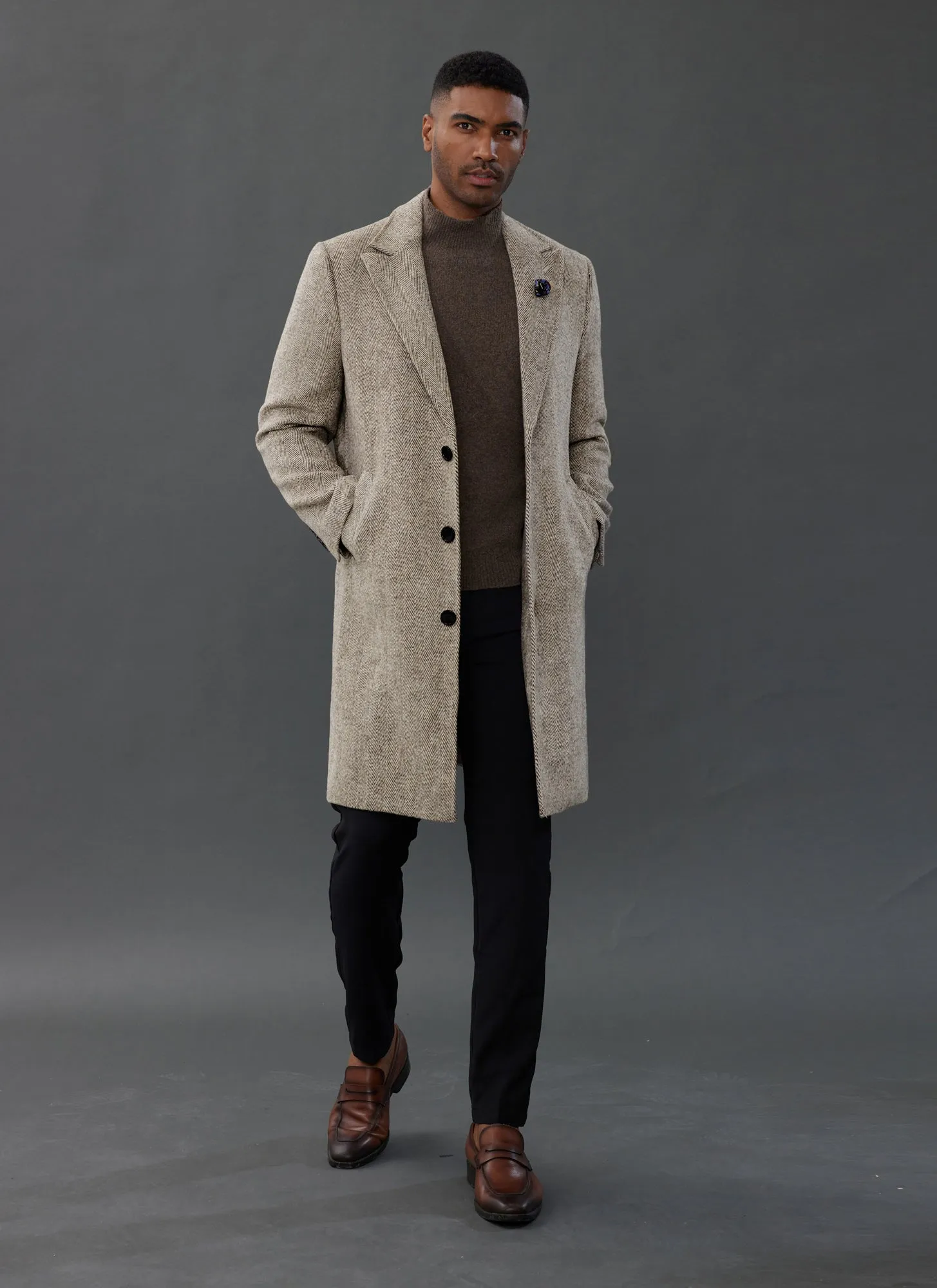 Men Herring Bone Pattern Overcoat Peak Lapel Back Slit Knee Length Coat