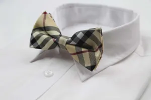 Mens Cream Plaid Patterned Bow Tie