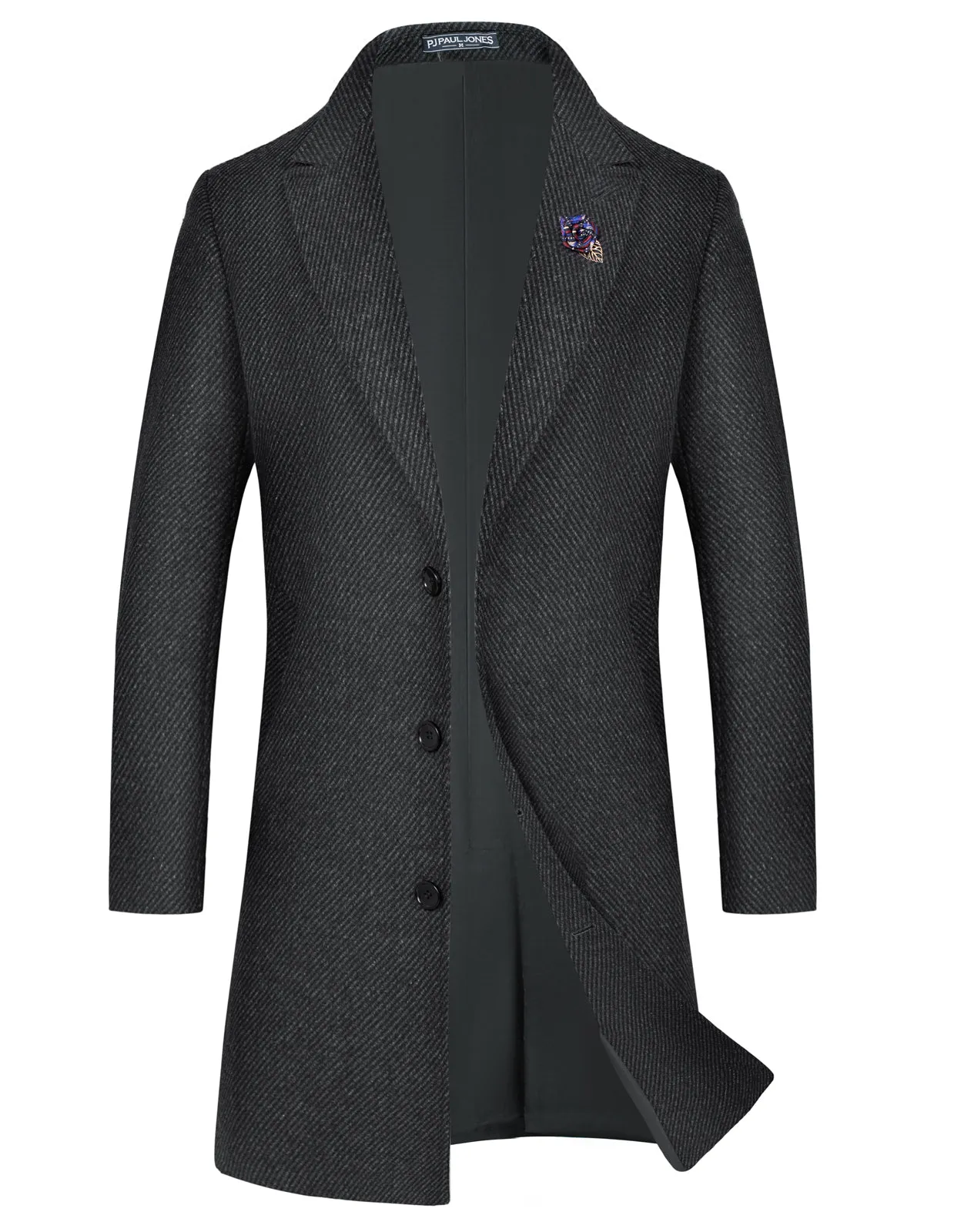 Men's Herringbone Wool Blend Long Overcoat Pea Coat with Brooch