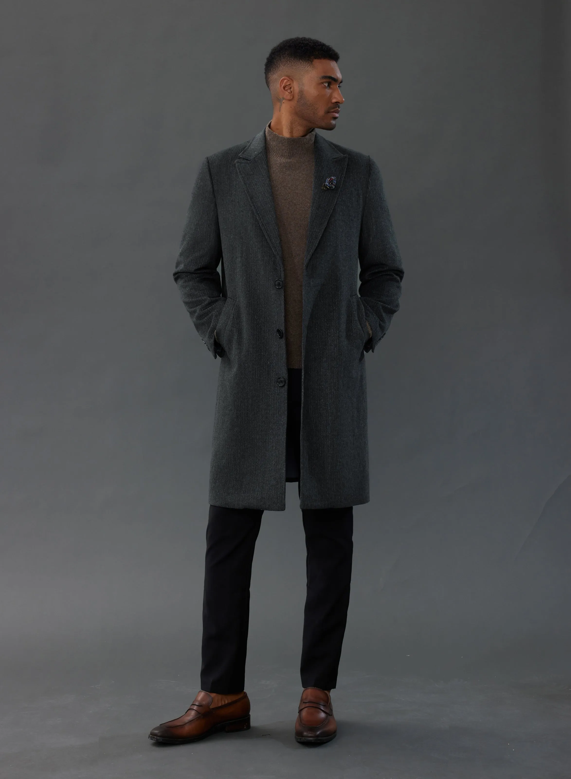 Men's Herringbone Wool Blend Long Overcoat Pea Coat with Brooch