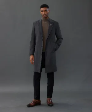 Men's Herringbone Wool Blend Long Overcoat Pea Coat with Brooch