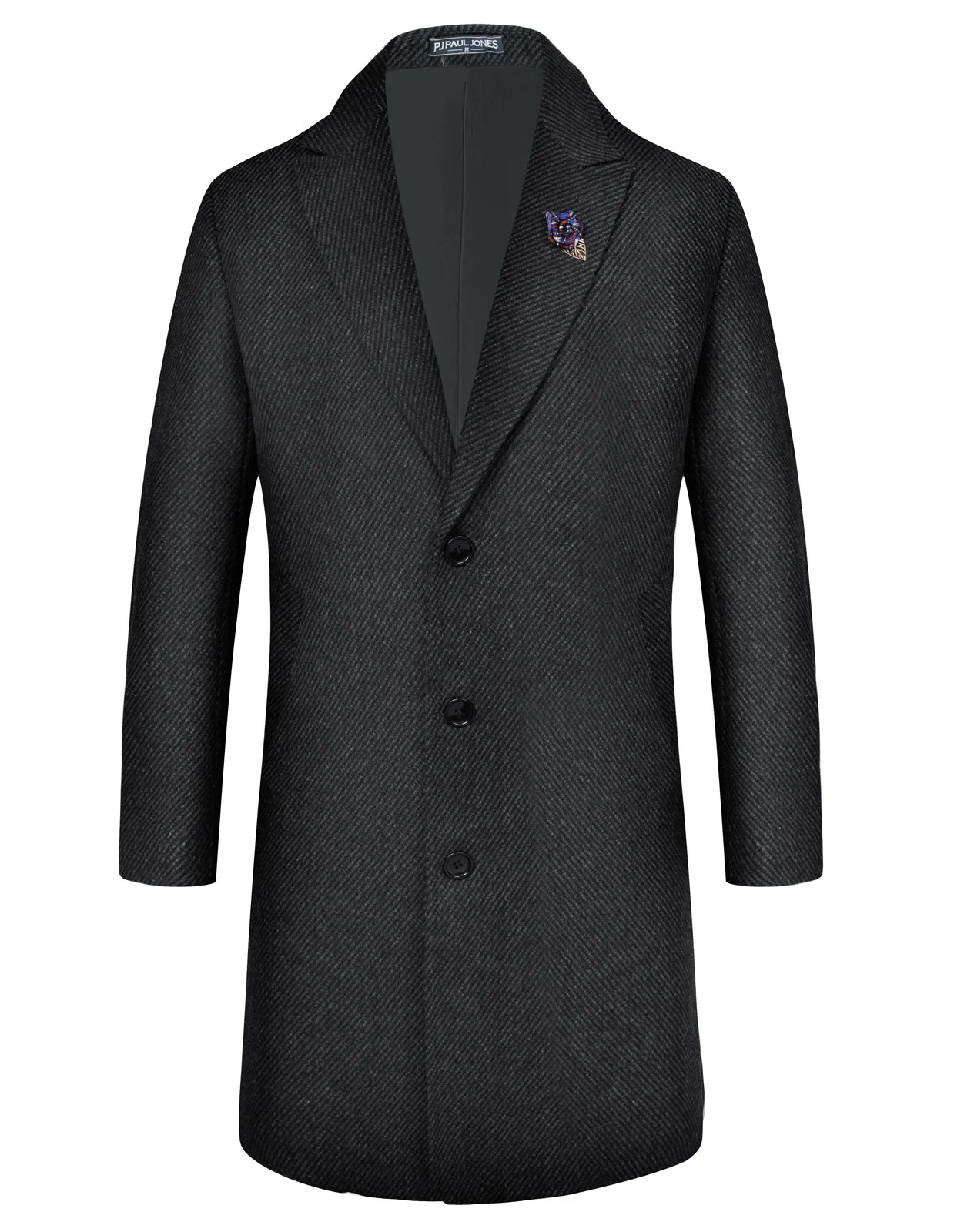 Men's Herringbone Wool Blend Long Overcoat Pea Coat with Brooch