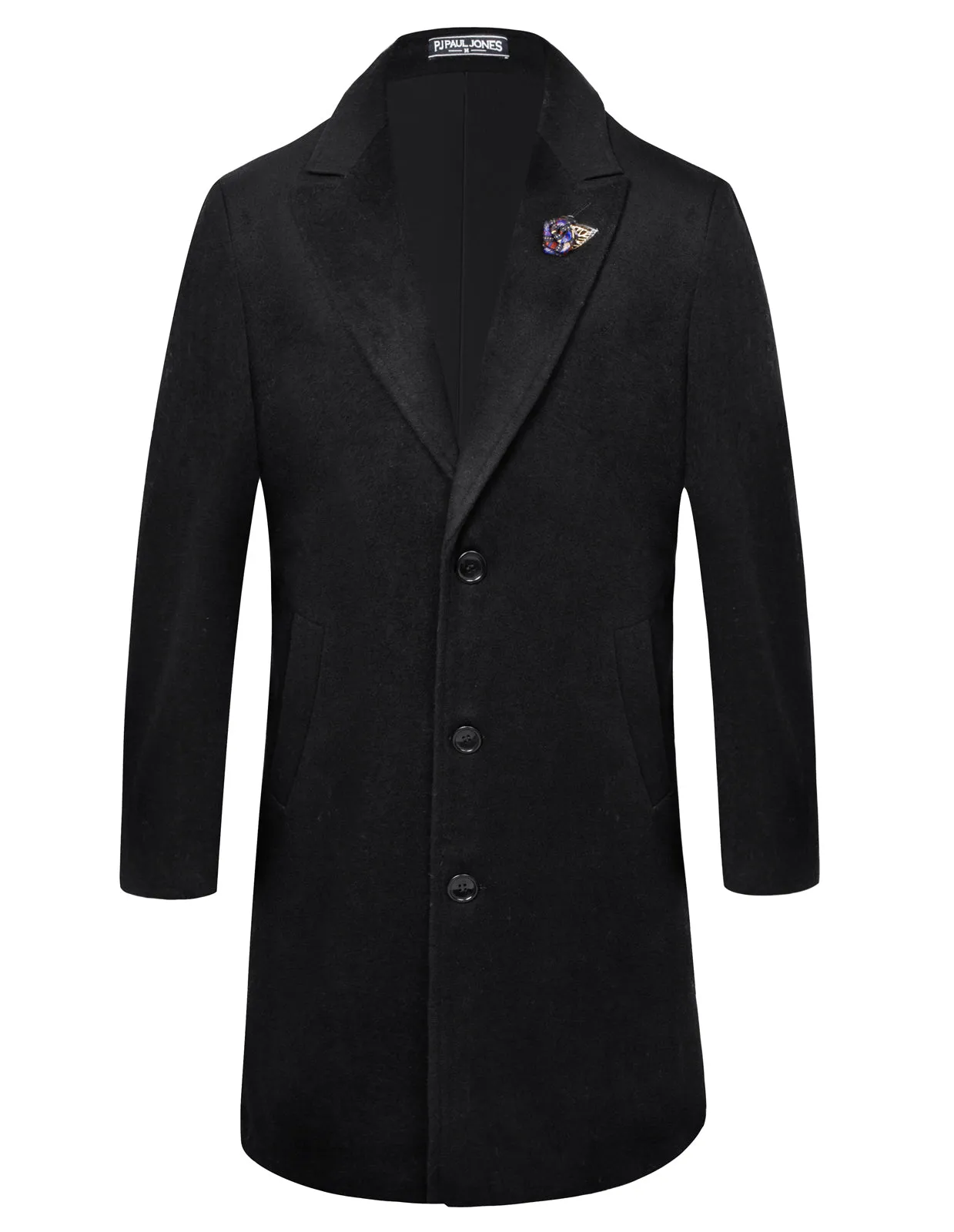 Men's Herringbone Wool Blend Long Overcoat Pea Coat with Brooch