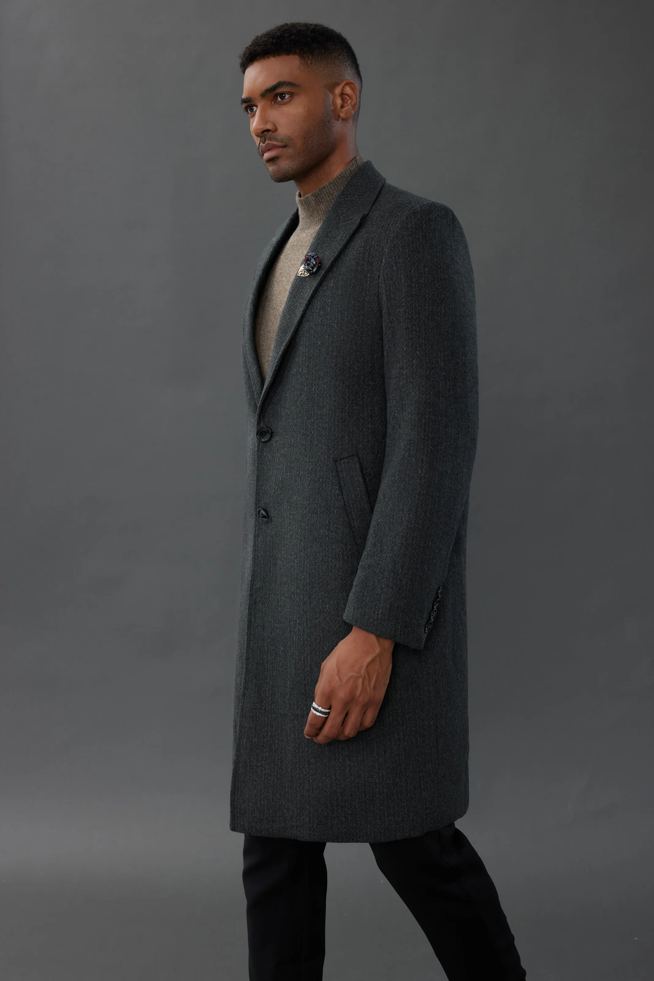 Men's Herringbone Wool Blend Long Overcoat Pea Coat with Brooch