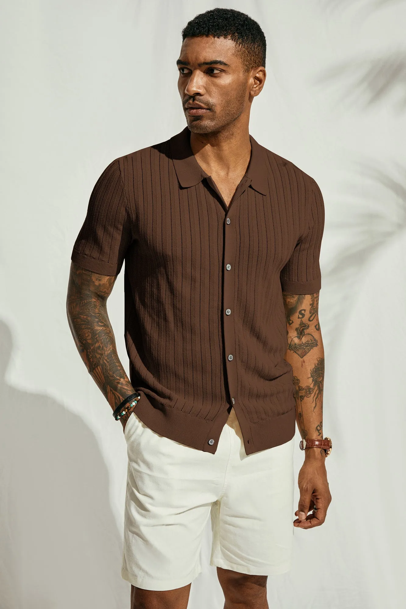 Mens Knit Polo Shirts Hollow Out Short Sleeve Lapel Collar Button-up Front Polo Cardigan Shirt