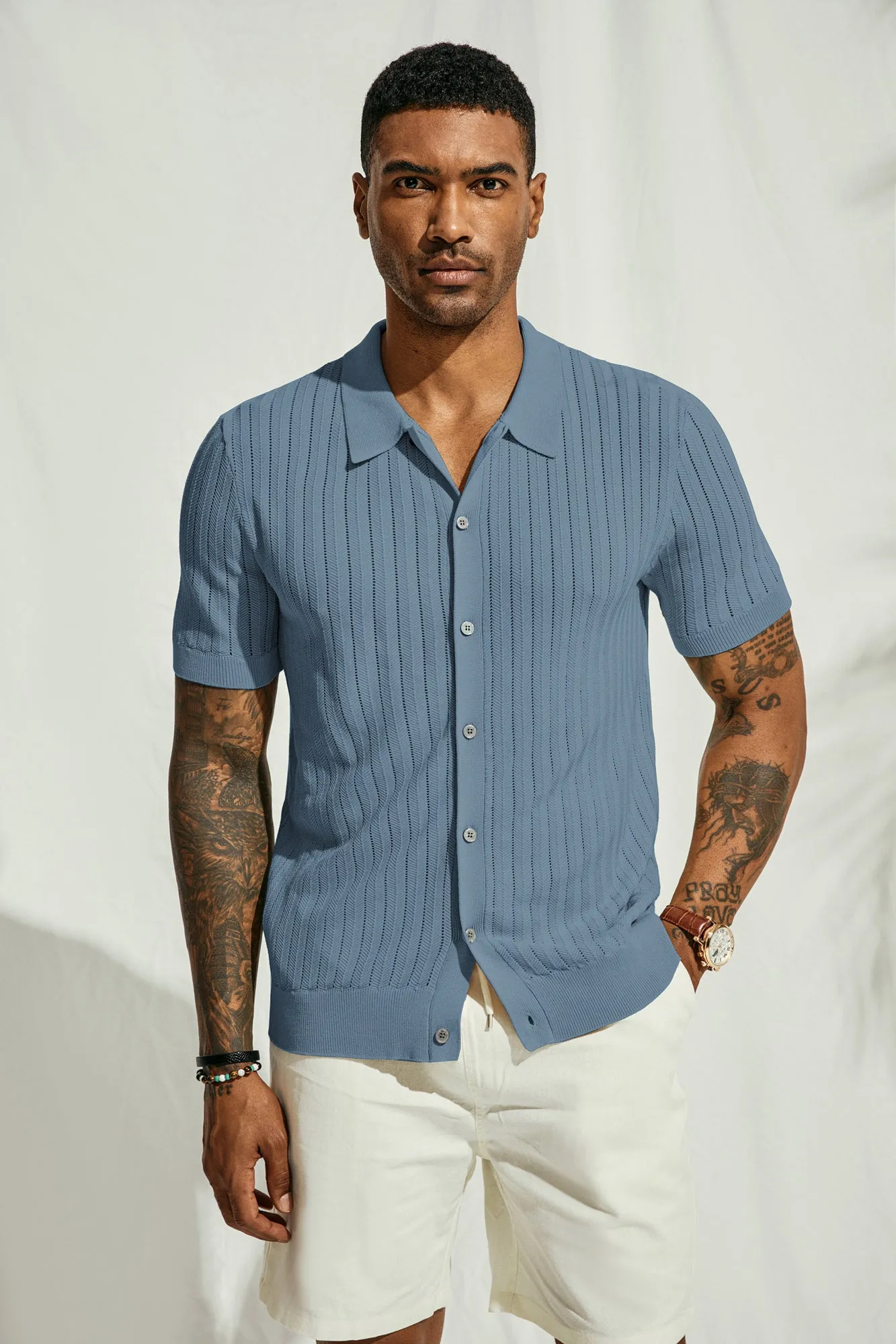 Mens Knit Polo Shirts Hollow Out Short Sleeve Lapel Collar Button-up Front Polo Cardigan Shirt