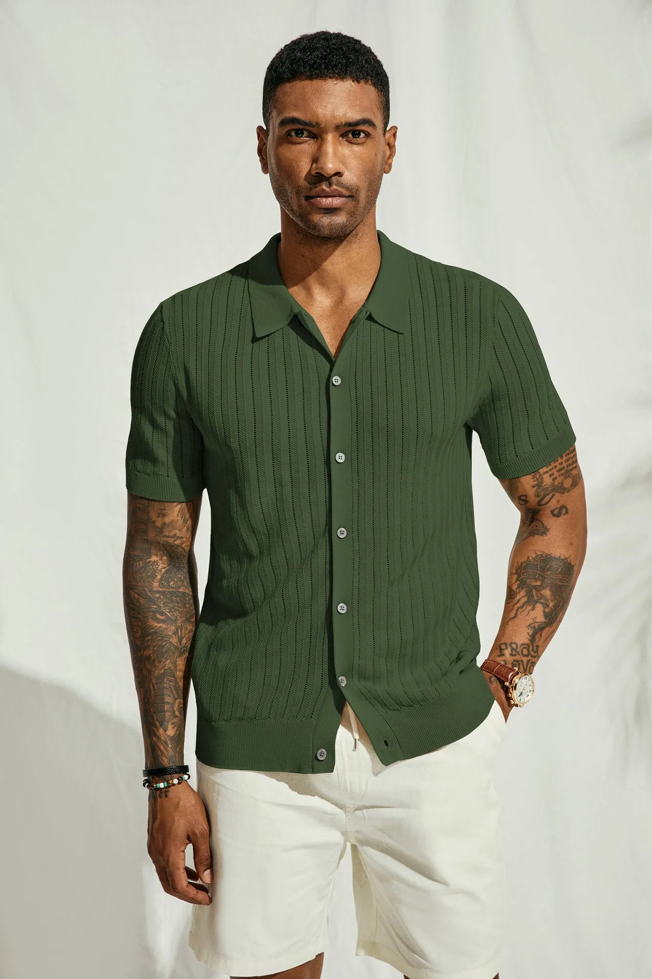 Mens Knit Polo Shirts Hollow Out Short Sleeve Lapel Collar Button-up Front Polo Cardigan Shirt